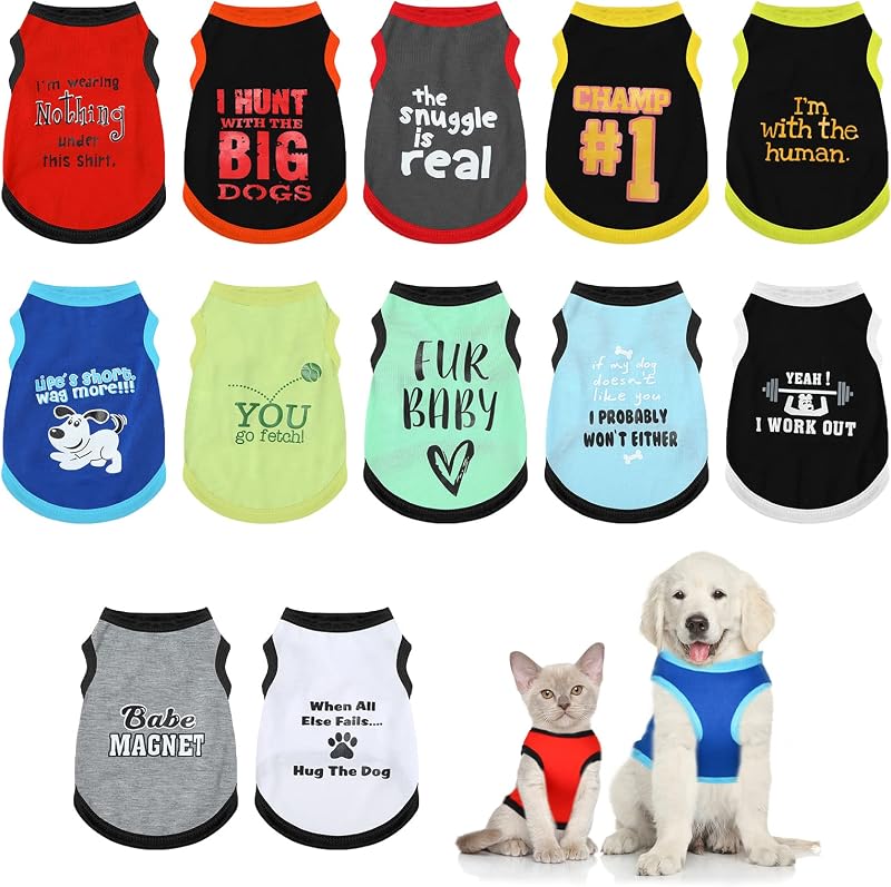 Camisas para Cães e Gatos BBTO com Estampas Variadas em Poliéster, Tamanho Médio, Pacote com 12