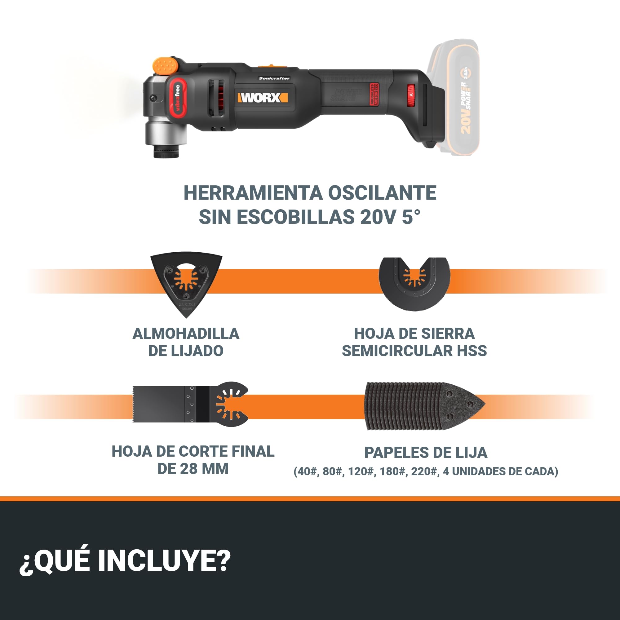 WORX WX698.9 NITRO – Herramienta multifunción inalámbrica 20V, Cortar, serrar, moler, raspar, rascar, sin escobillas, Sistema de fijación universal, 23 accesorios, sin batería ni cargador