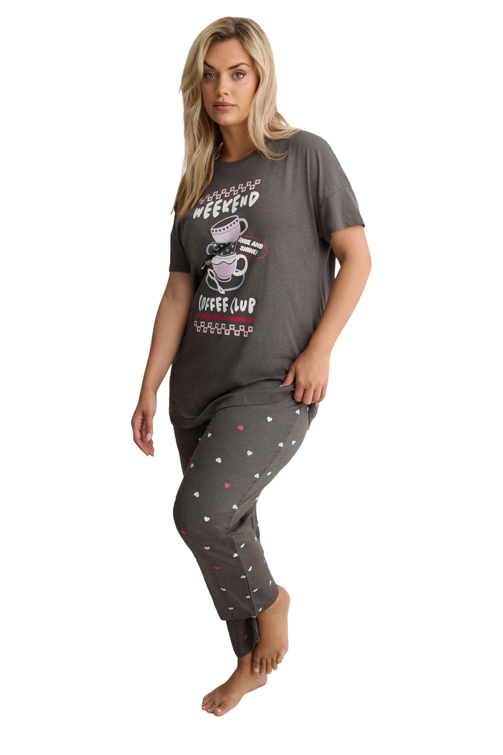 Yours Women's Dark Grey 'Coffee Club' Wide Leg Pyjama Set In | : 26/28