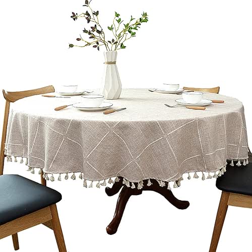 Heavyweight Cotton and Linen Tablecloth, Plaid Tassel Round Table Cover,