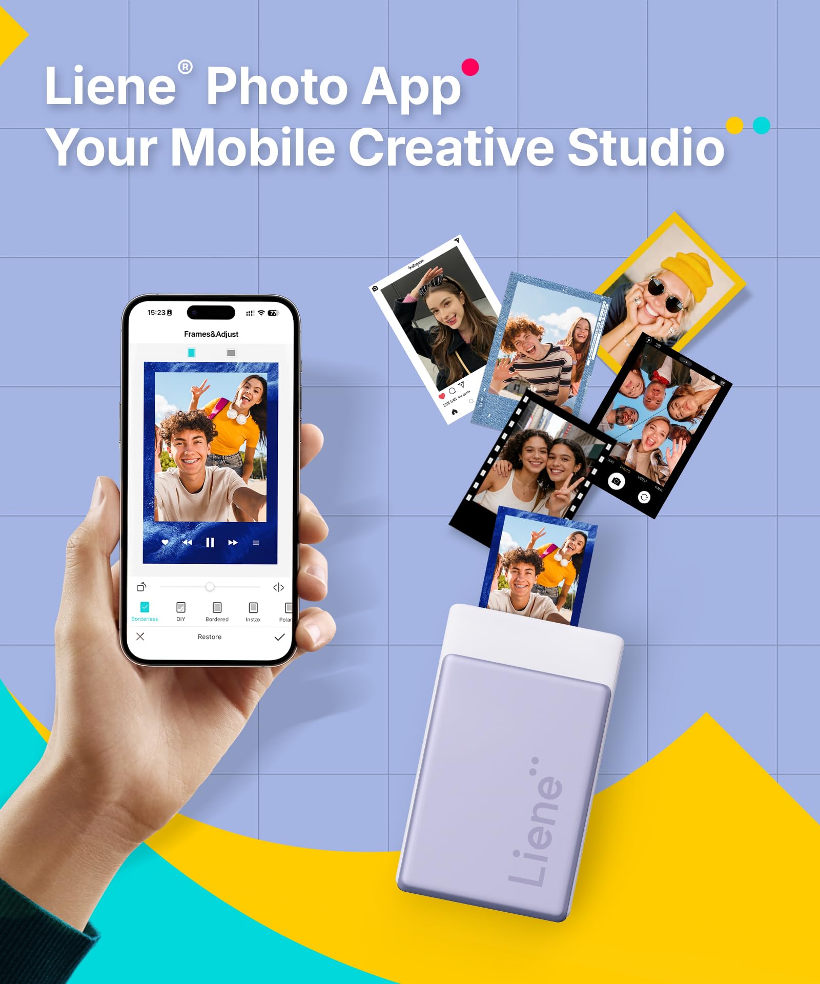 Liene Pearl N200 Pro Max Packet – Tragbarer Mini-Fotodrucker mit Farbsublimation, inkl. großzügigem Fotopapier- & Farbband-Vorrat, Bluetooth, 300 dpi, Sofortbilddrucker für iPhone/Android, Akku, Viole