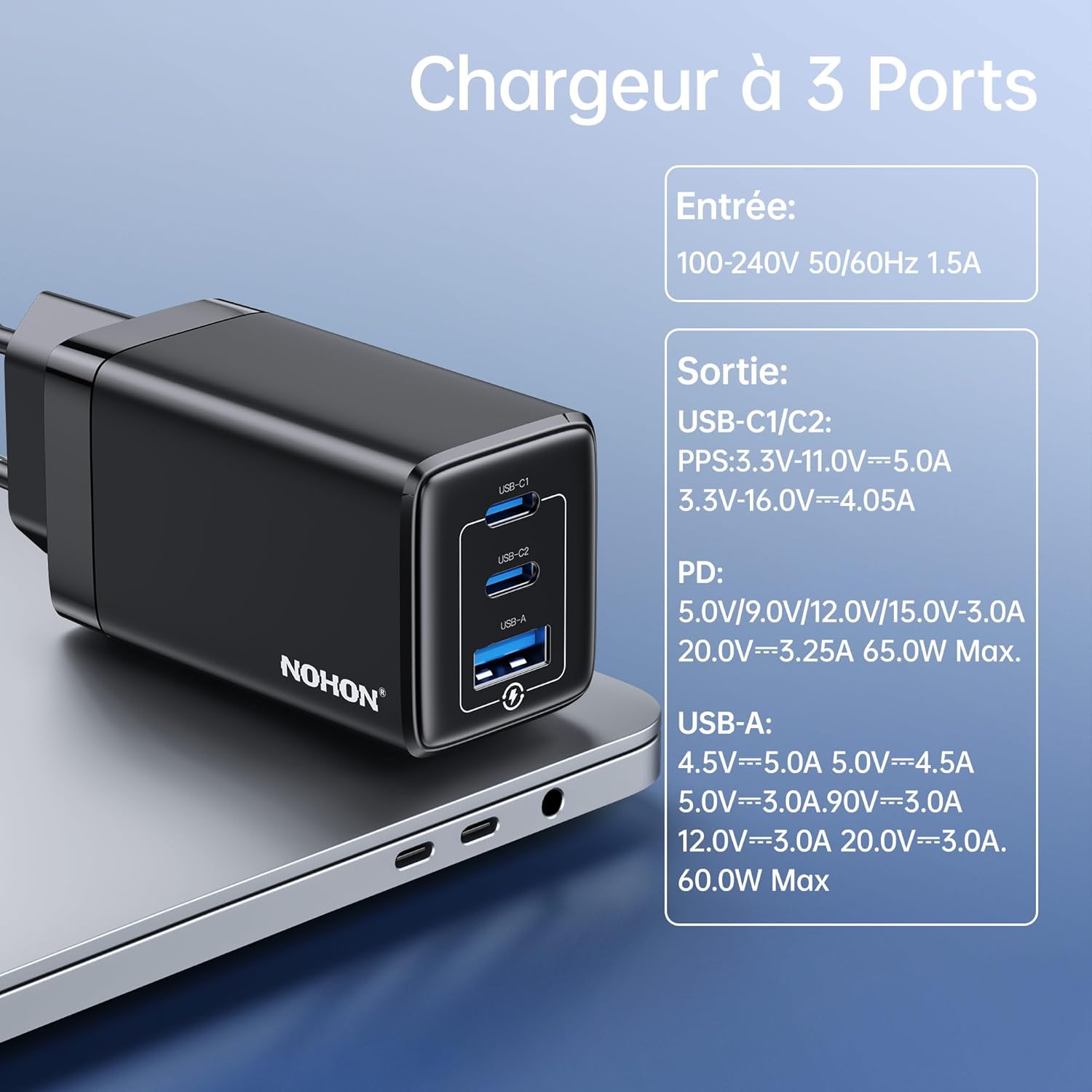 NOHON Chargeur USB-C Rapide Prise USB: 65W GaN 3 Ports Ultra Charger PD3.0 avec 140W USB C Rapide Cable 1.2M | Compatible avec MacBook Pro Air Airpods iPad iPhone 14 13 12 Min Pro Max Samsung Galaxy — vue 5