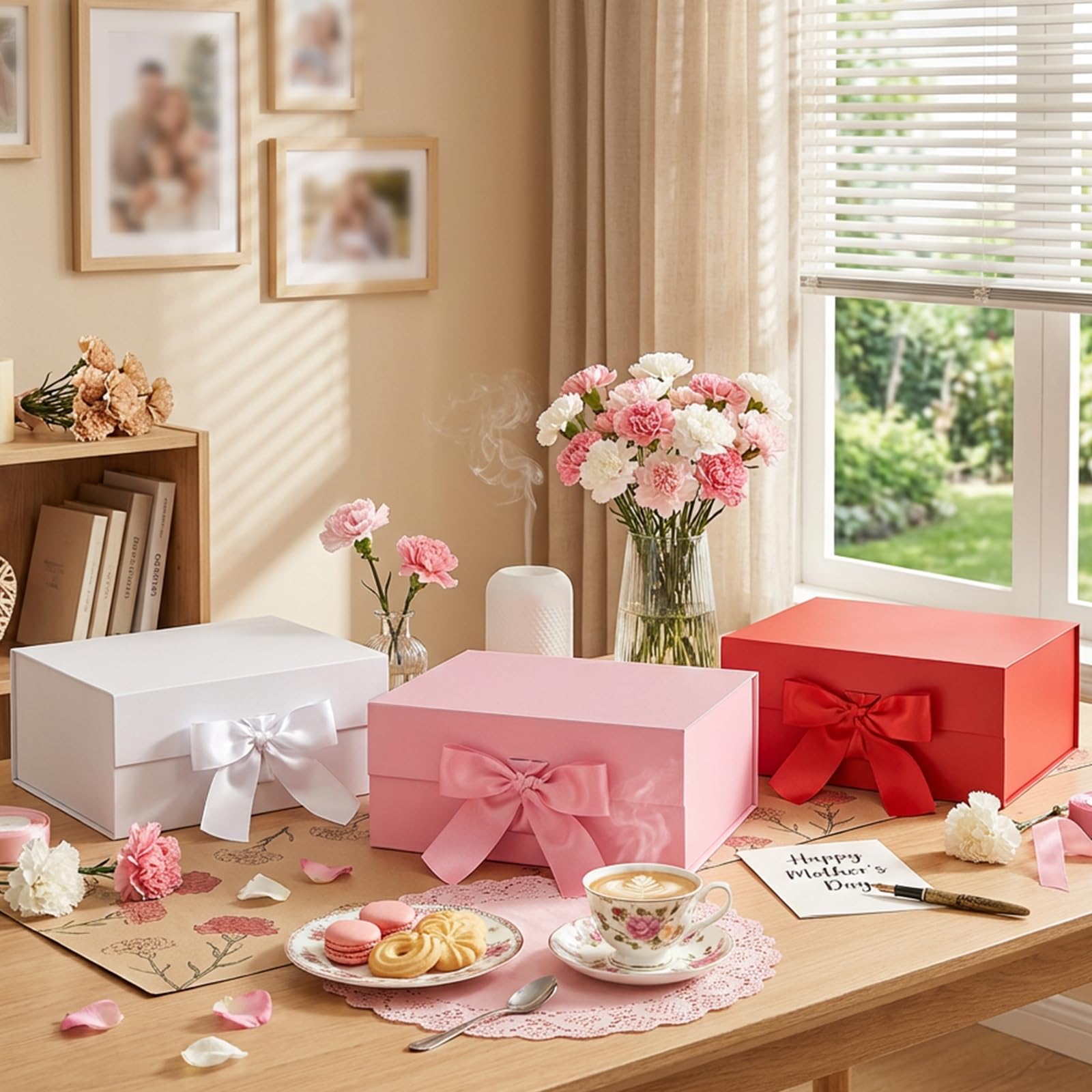 HAPPY POTATO 5 Valentinstags-Geschenkboxen mit Band, 22,9 x 16,5 x 9,5 cm, rosa Geschenkbox mit Deckel, Brautjungfer-Antragsboxen, magnetische Geschenkboxen für Geschenke (glänzendes Rosa, 5 Stück)