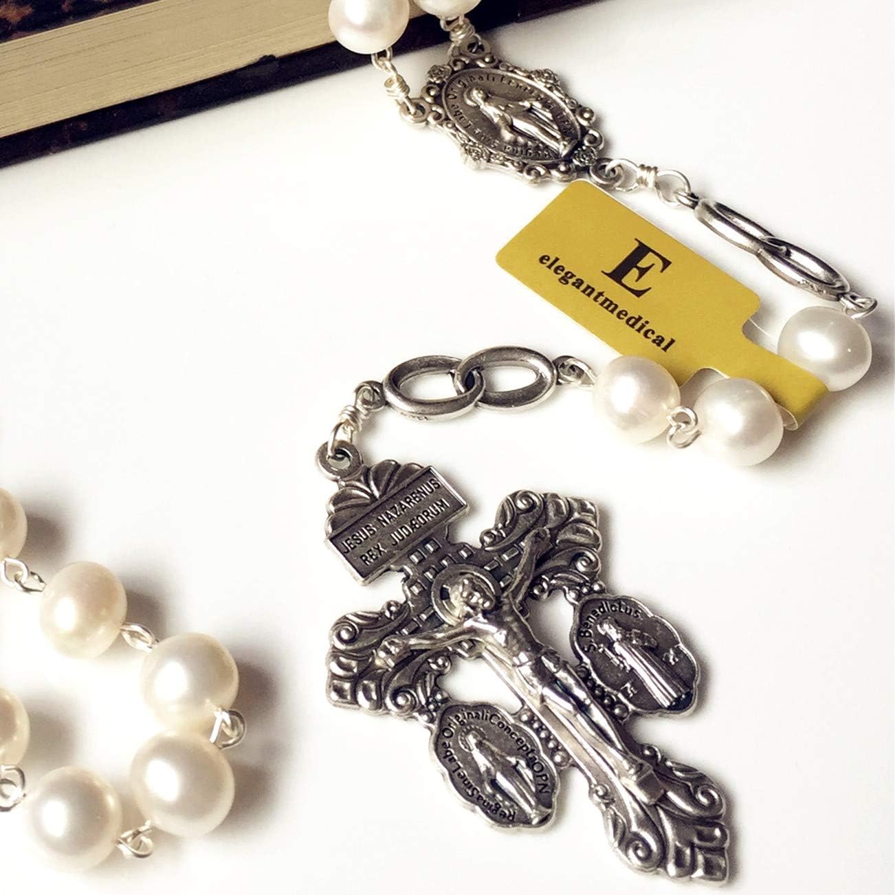 elegantmedical Handmade Silver White Pearls Bead Necklace Lasso Wedding Rosary Cross Crucifix Catholic gift