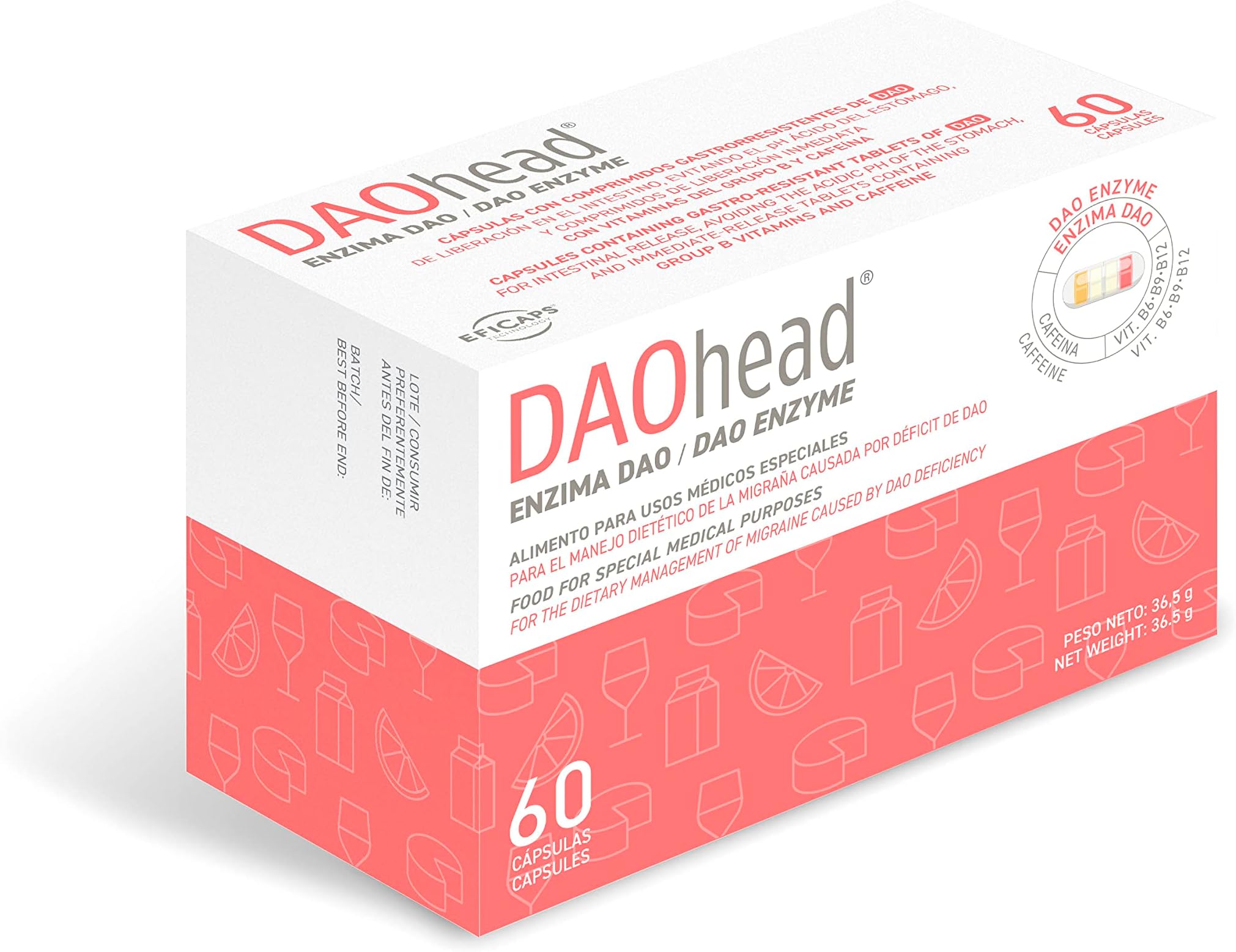 – DAOhead - DAO Enzyme - Vitamins B6, B9, B12 and Caffeine - Support for Dietary Histamine Balance - 60 Capsules with Gastro-Resistant DAO Mini Tablets