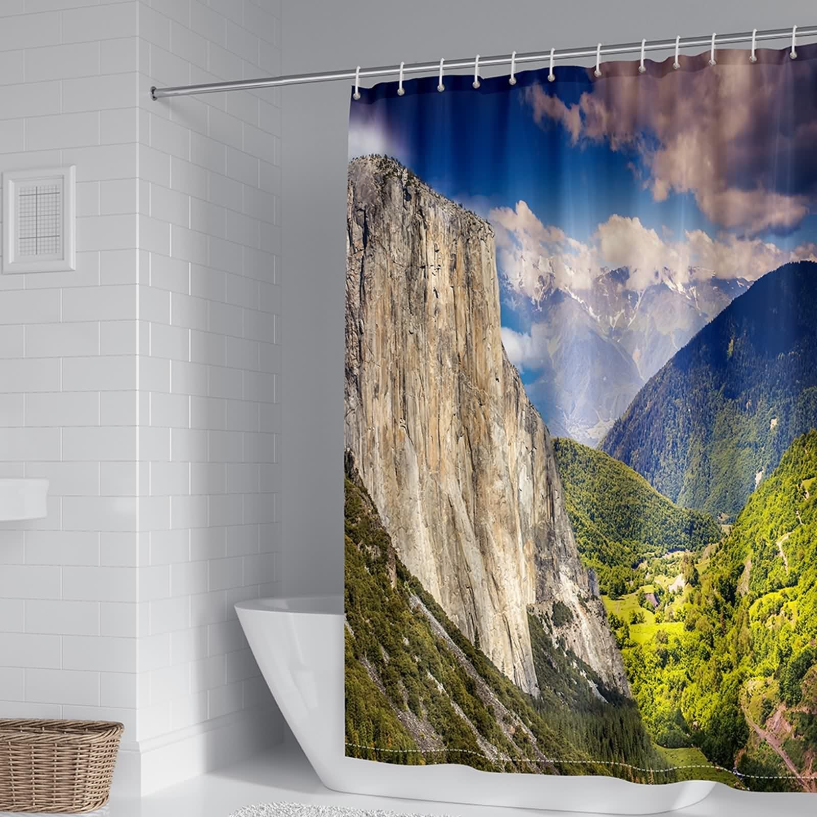 Rideau de douche vert 120x180 cm en polyester imprimé montagne nature