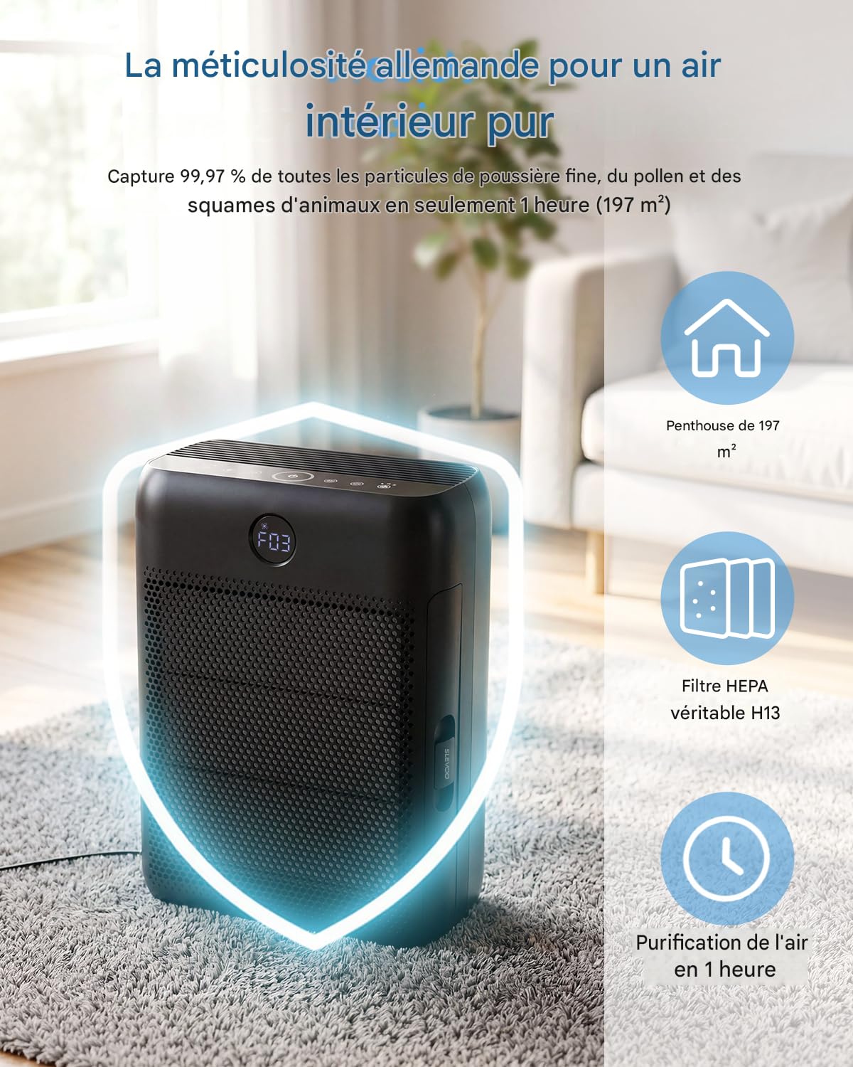 Slevoo Purificateur D'air Pour Grande Pièce À La Maison, Filtre HEPA Véritable H13 Et 3 Préfiltres Pour Chambre, Bureau, Salon, Couvre Jusqu'à 1991,3 Pi², CADR 326 M³/h, Noir Foncé