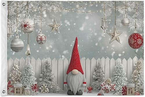 Bandera de madera de copos de nieve de gnomo de invierno de 3 x 5 pies con ojales de latón, pancarta de bola de luz de copo de nieve de Navidad,