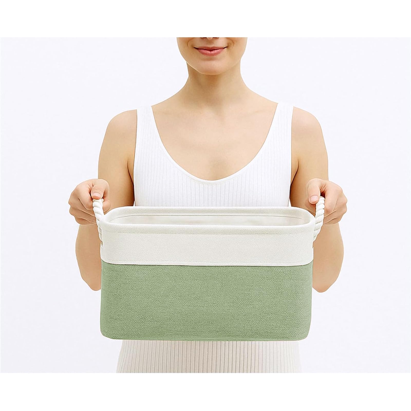 Mangata Soft Fabric Storage Basket with Handles, Multi-Size, Rectangular Linen Organiser Box for Shelf & Wardrobe, 31x21x16 cm, Green & White (Small, 1 Pack)