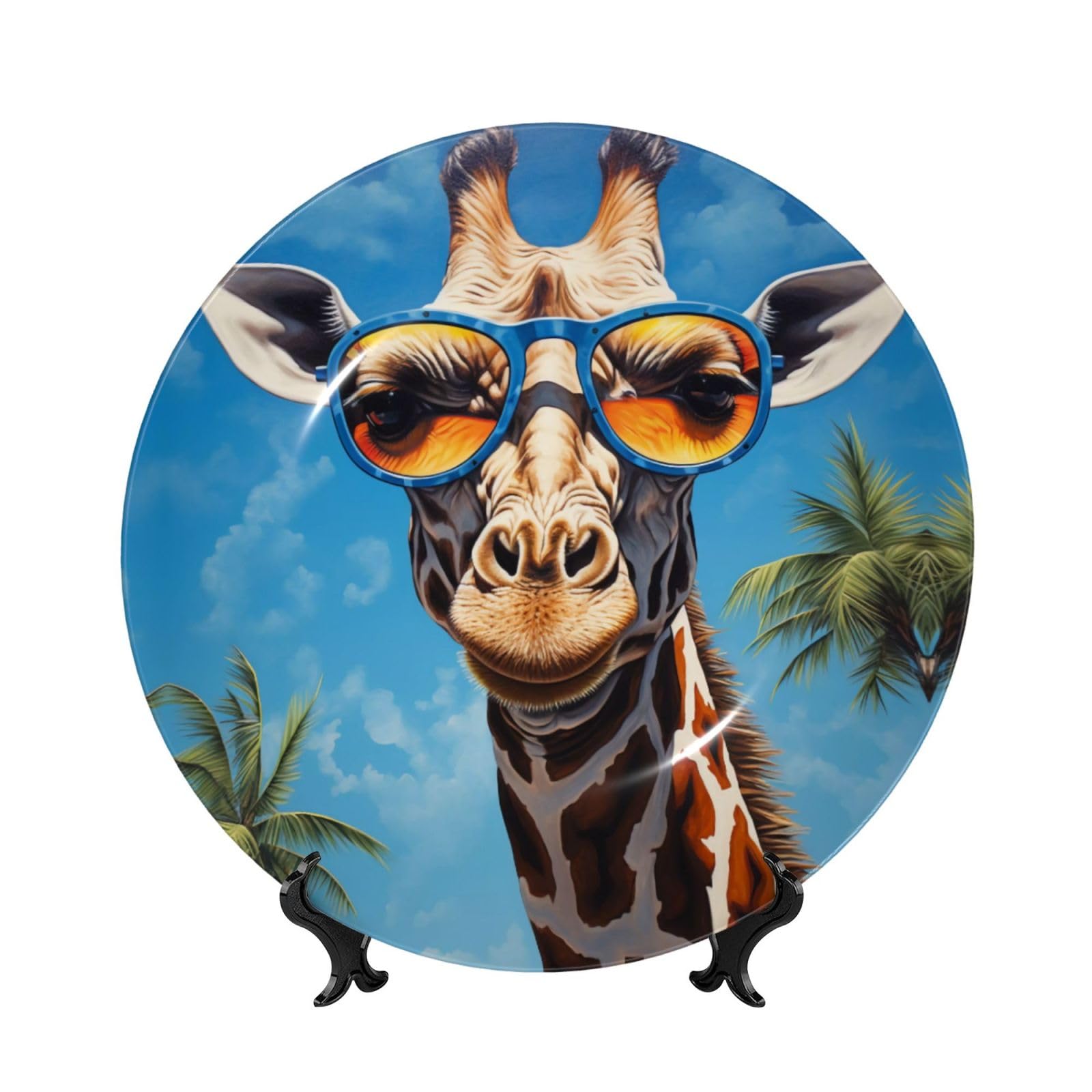 SXZVVBN Giraffe with sunglasses Bone China Decorative Plate Art with Stand Removable Adhesive Hanging for Home Office 7in