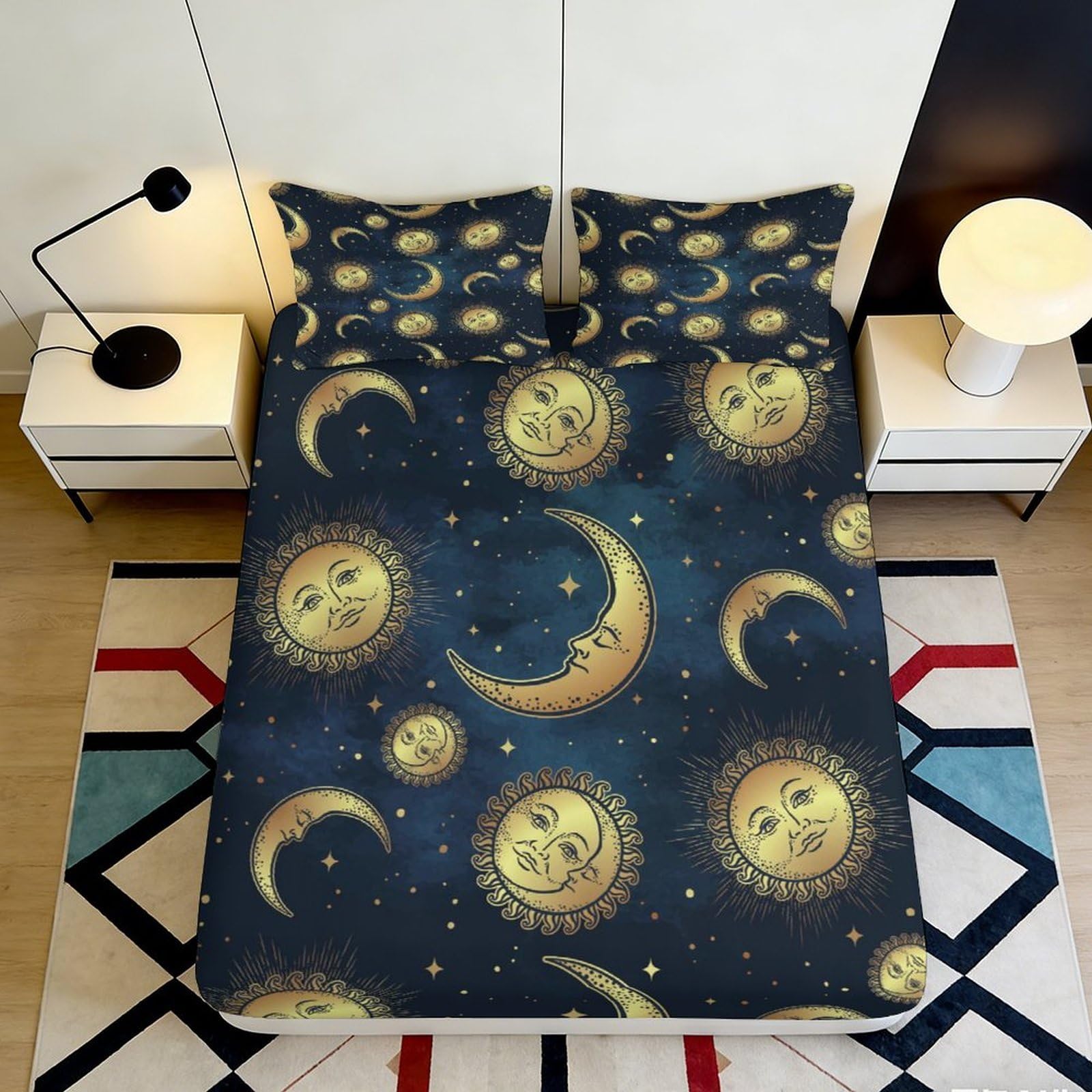 3D Printed Celestial Sun Moon Fitted Sheet Microfiber Soft Bed Cover for Bedroom Dorm Room Mattress Decor 90x200x25cm