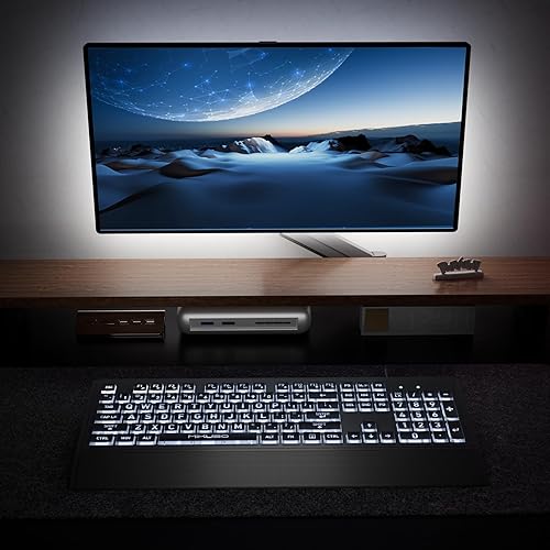 Miniatura 7 de Teclados de computadora retroiluminados de impresión grande con cubierta, teclado con cable blanco iluminado LED, reposamuñecas, teclado numérico,