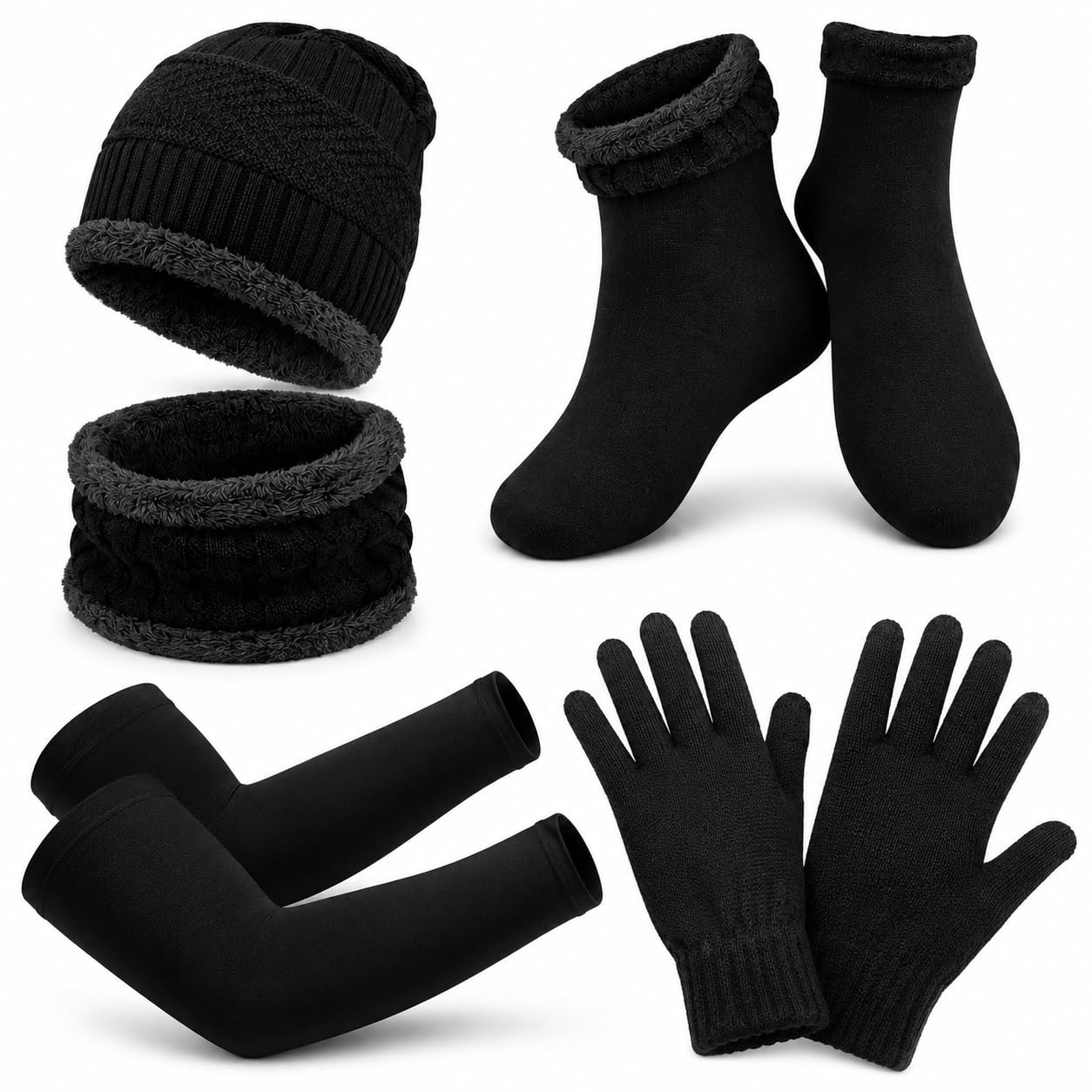 Winter Wear Combo Set, Black, Woolen Cap, Neck Warmer, Velvety Socks, Gloves and Arm Sleeves-image-7