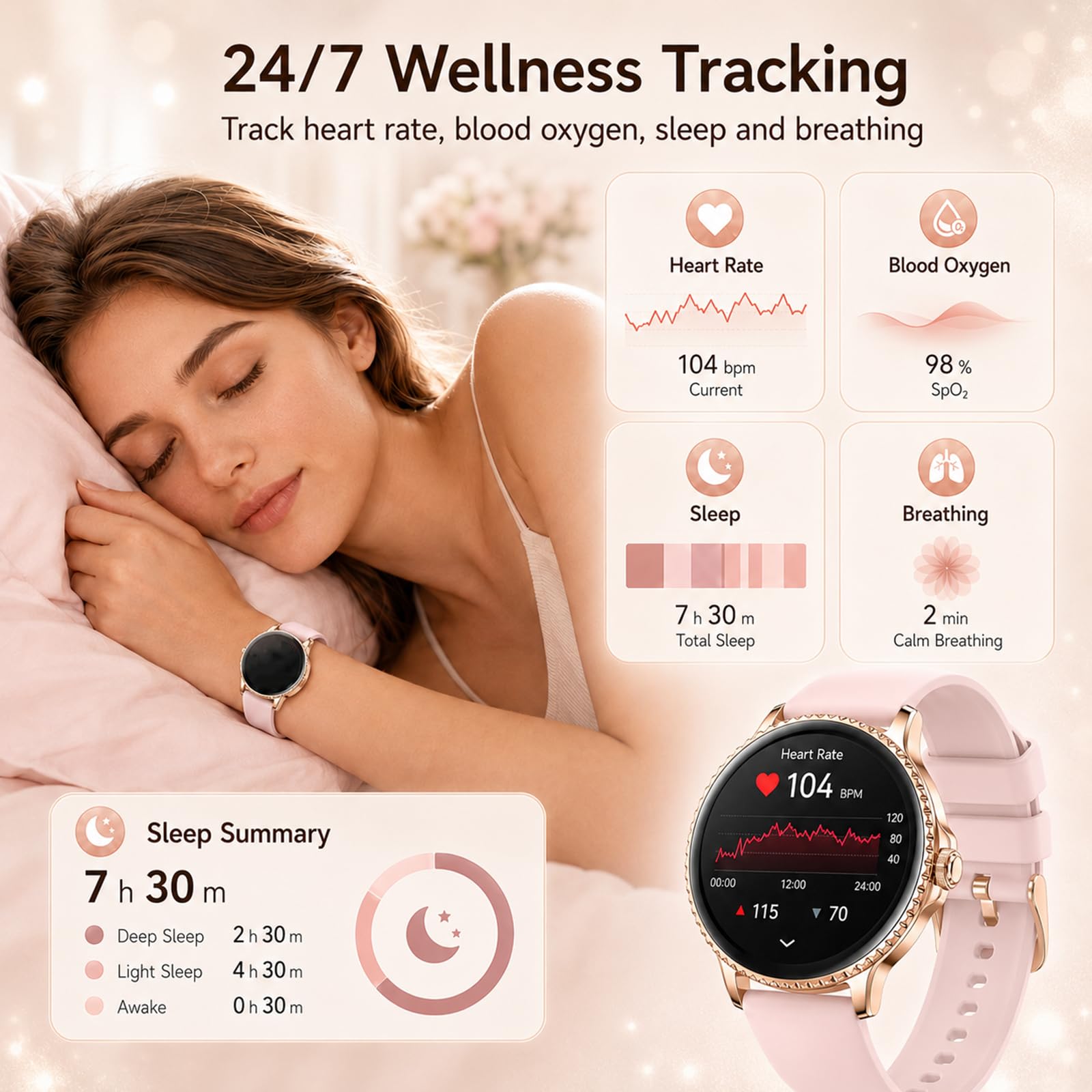 Smartwatch Donna Rotondo, Display HD da 1,27", IP68, 2 Cinturini | Chiamate Bluetooth, frequenza cardiaca, SpO2, sonno, passi, 120+ sport, Android iOS, strass elegante e silicone sportivo