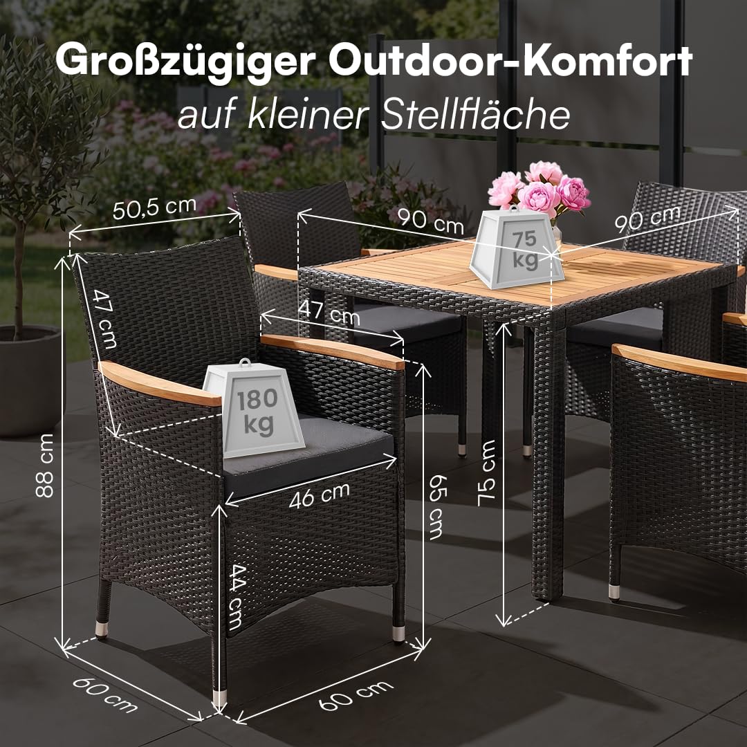 STEELSØN Fawaris Polyrattan Sitzgruppe Outdoor 5-tlg. - Gartentisch mit 4x Gartenstuhl und Kissen – Gartenmöbel Set aus Akazienholz – Gartengarnitur Outdoor wetterfest Garten/Terrasse/Balkon - schwarz