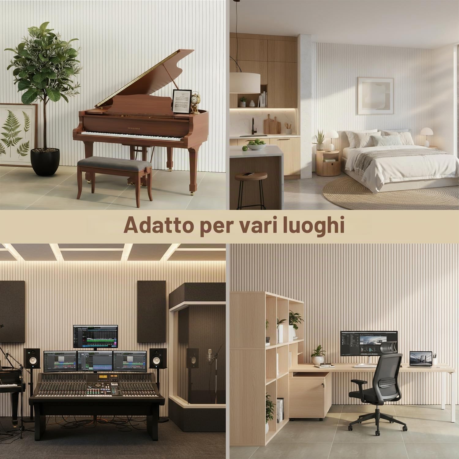 Acidea Confezione da 4 pannelli acustici grandi, 120 x 60 x 1 cm, autoadesivi, pannelli insonorizzanti da parete, in fibra di poliestere, con cancellazione del rumore, per pareti, soffitti, beige