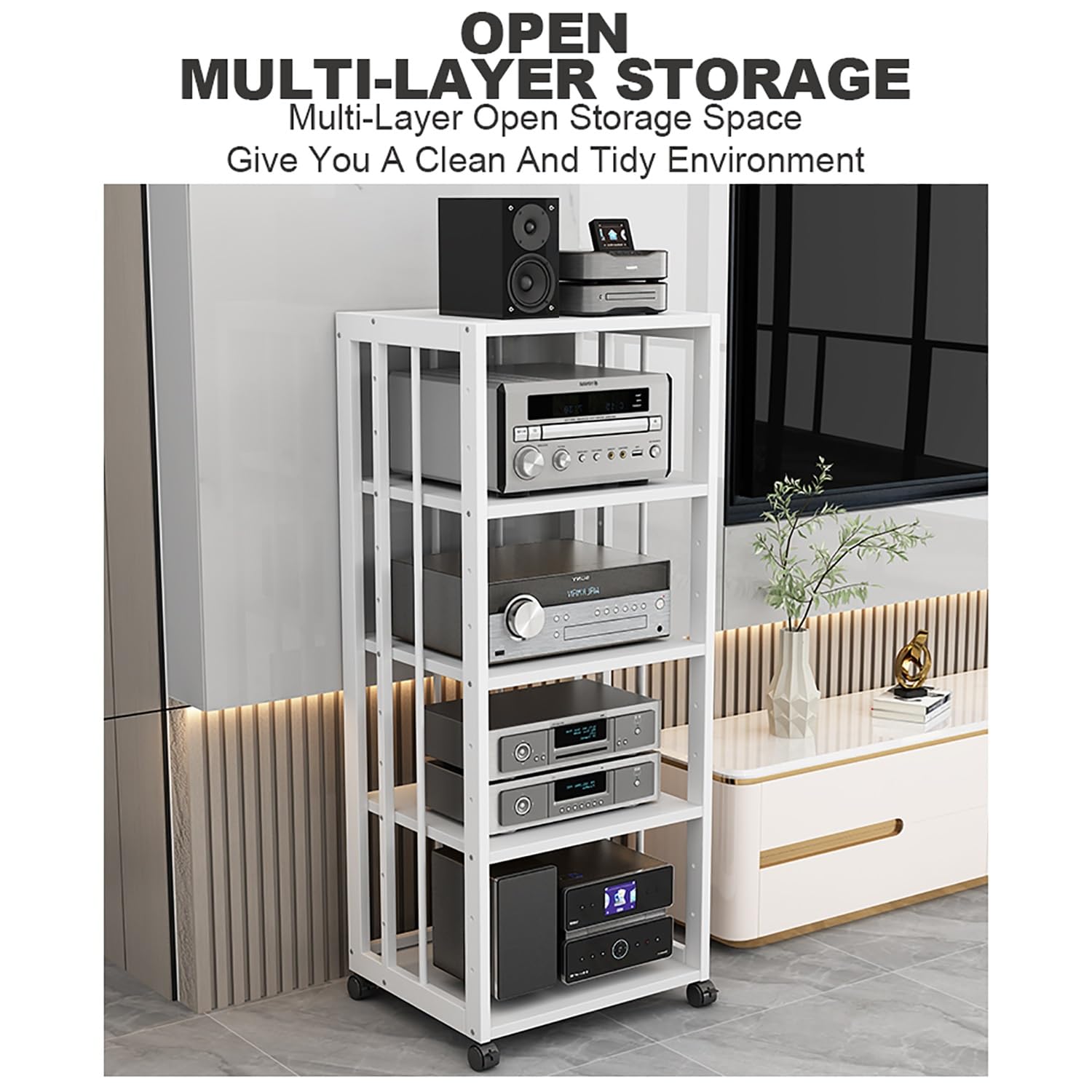 Gabinete de Audio HIFI Multicapa con Estantes for Audio y Video Soporte de Exhibición de Audio Estante de Medios con Ruedas Universales para Salón Dormitorio Estudio de Grabación.(Original wood,50x40x