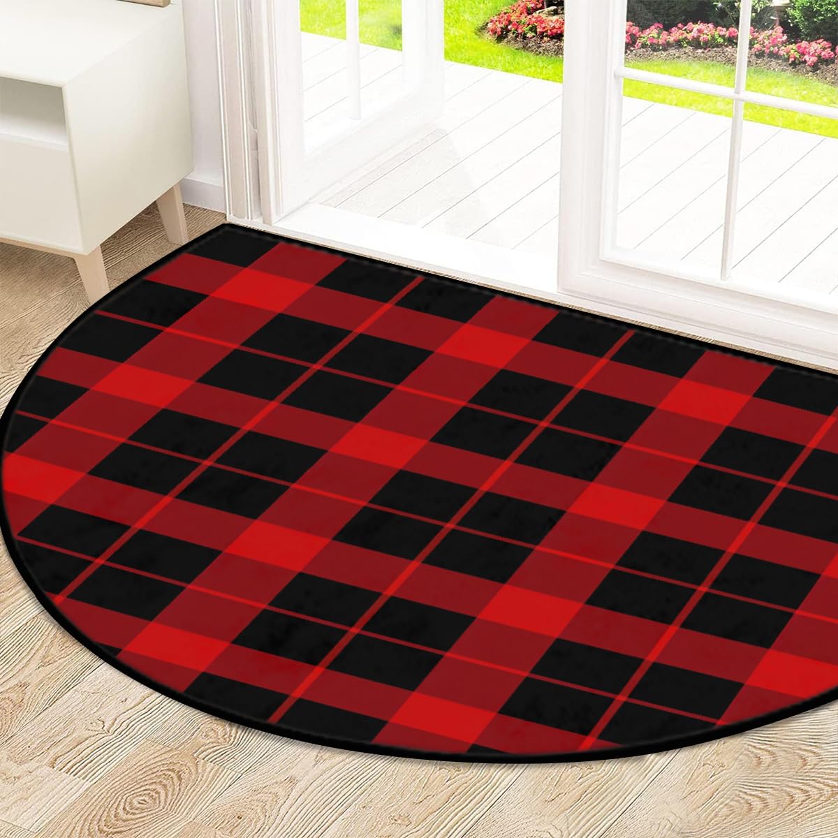 Mexpekil Paillasson demi-lune à carreaux rouge et noir, pour intérieur et extérieur, antidérapant, lavable, absorbant, anti-saleté, 100 x 160 cm