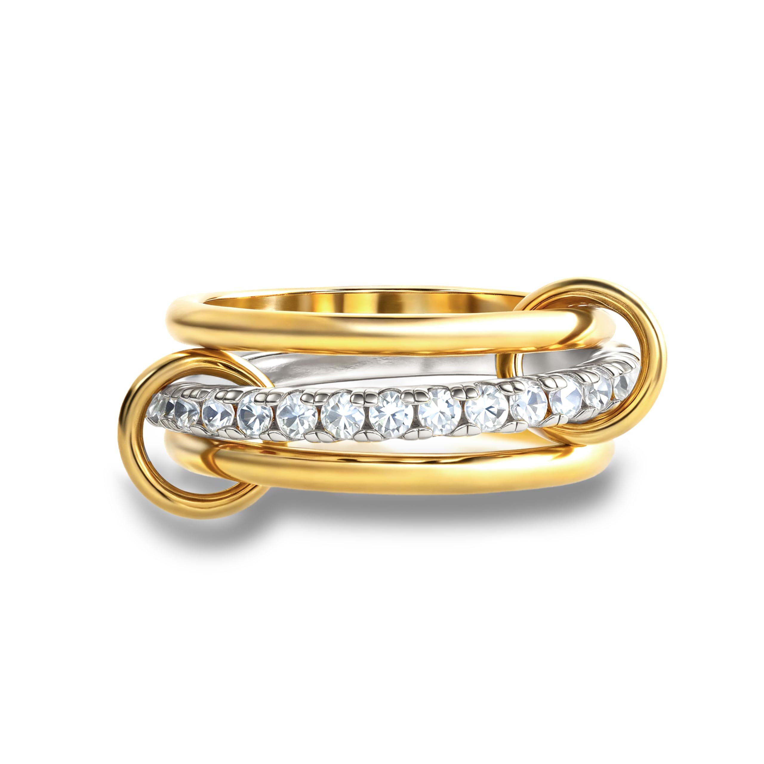 Bopiu Gold Silver Stackable Rings for Women Non Tarnish, Interlocked Mixed Metals Stack Rings Set, 18k Gold Plated Cubic Zirconia Statement Rings