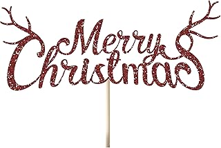 Beaver Fun, Merry Christmas Glitter Cake Topper with Antler, 4"- 8" inches Size Options, Available 16 Colors, Christmas Themed Glitter Cake Decoration