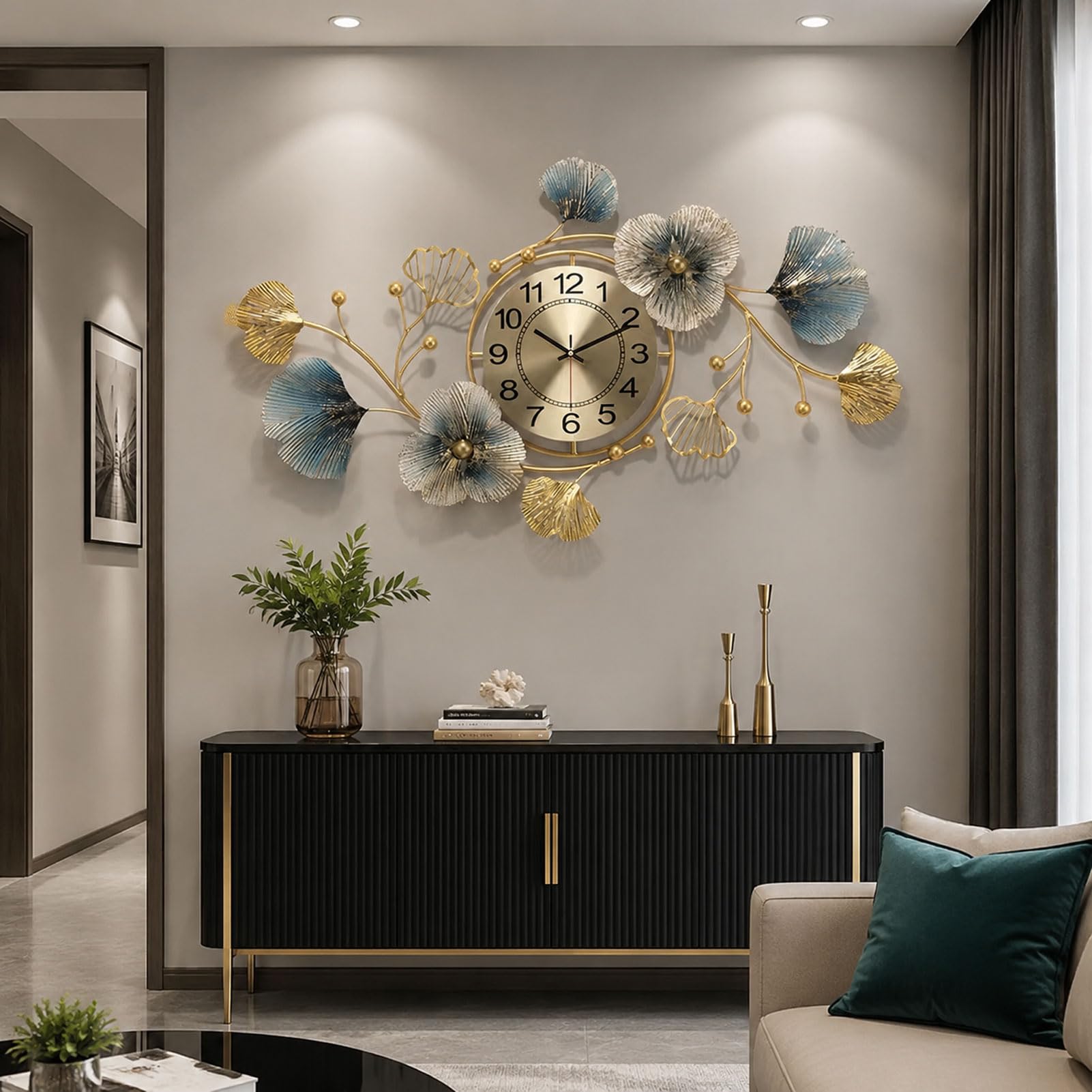 Grande horloge murale ginkgo doré XL pour salon et cuisine moderne