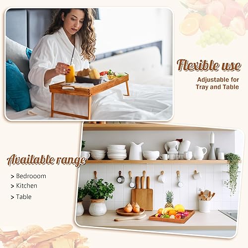 Miniatura 4 de Mesa baja de acacia de 2 piezas para sentarse en el suelo, bandeja de desayuno con patas y asas, bandeja plegable de madera para servir desayuno