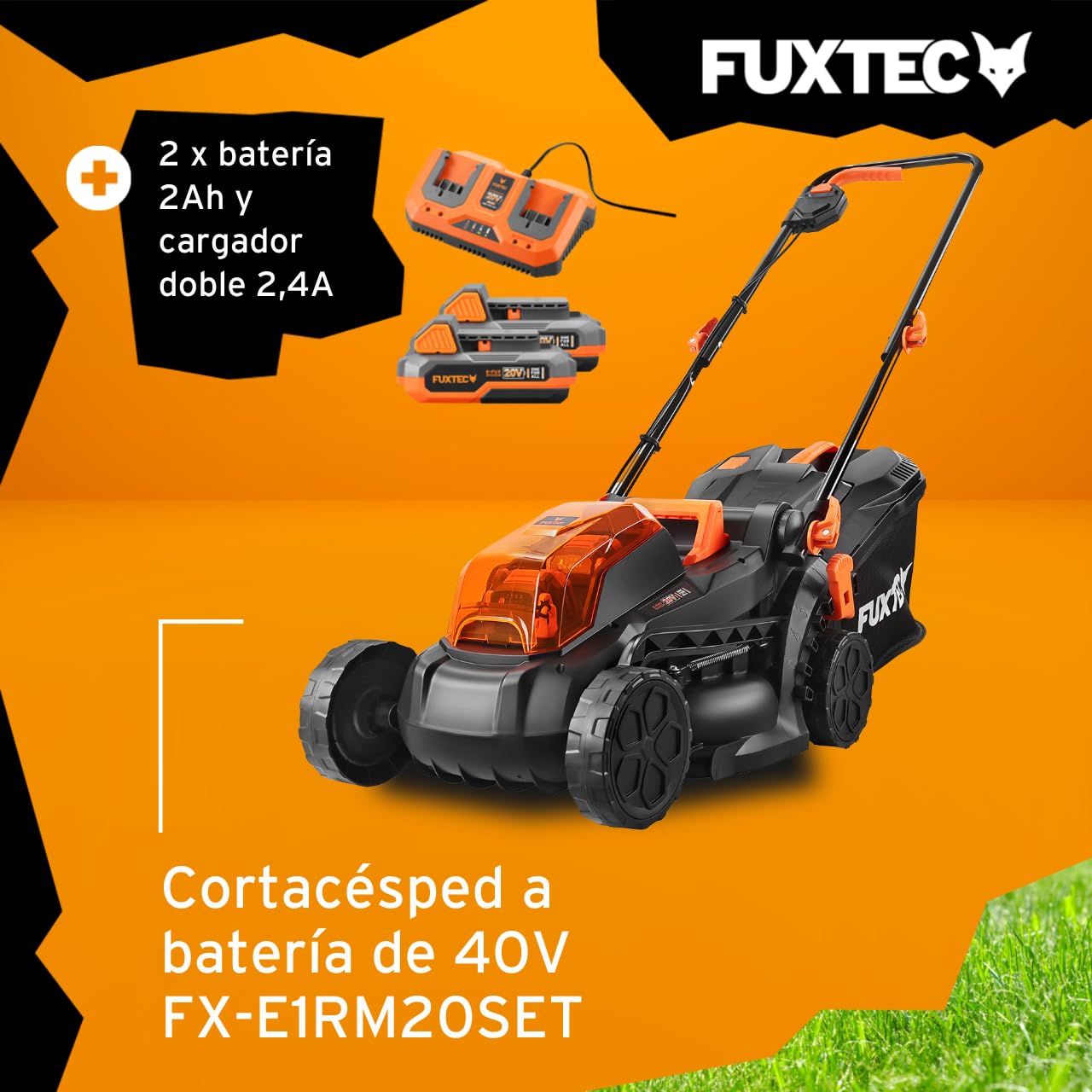 Cortacésped de batería Fuxtec FX-E1RM20 2x20V Set con 2 baterías y Cargador - 33cm de Ancho de Corte / 35L de Bolsa de Recogida de Hierba