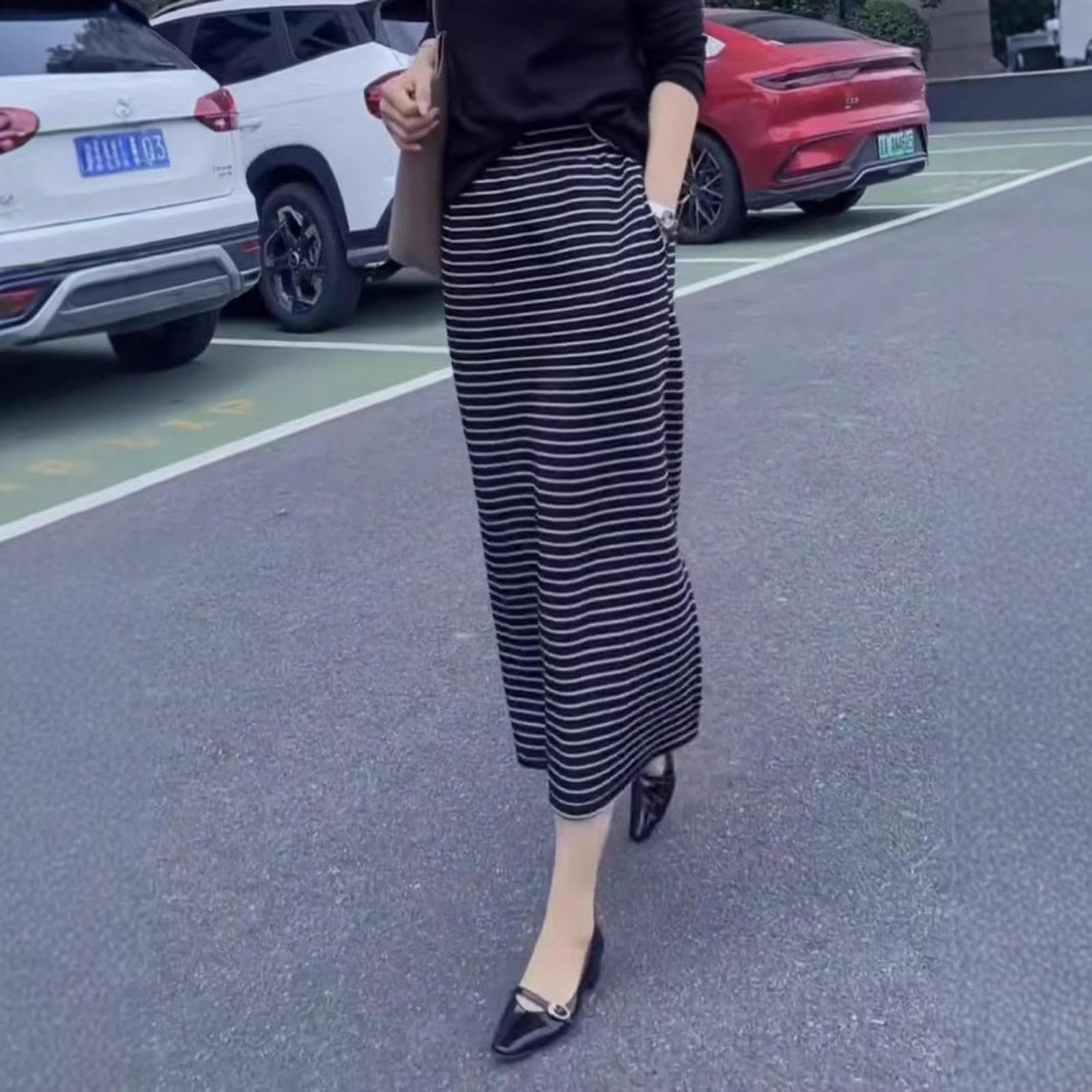 Spódnice damskie w dużych rozmiarach styl wiosna i lato, prosta wygodna w kratkę, dopasowana moda-czarny-2xl