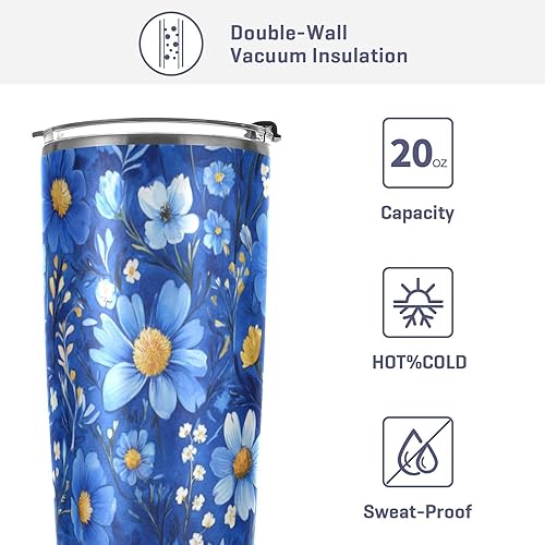 Miniatura 4 de Taza de café de acero inoxidable con tapa y pajita, con diseño de margaritas vintage y azules, taza de café aislada para bebidas frías y calientes,