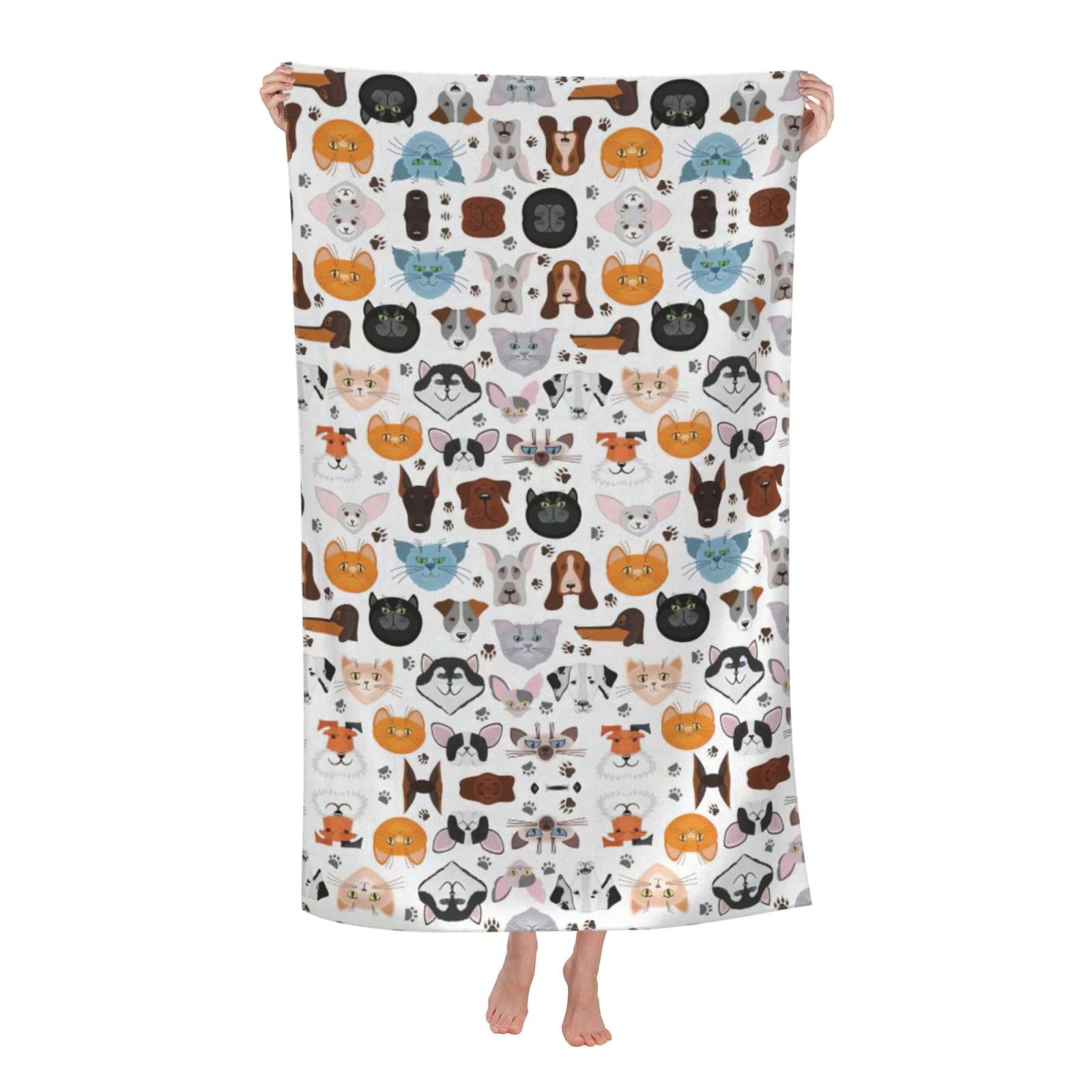 Oazcvbnn Women's White Cat And Dog Faces Bulldog Beagle Labrador Print Adult Beach Towel Summer Travel Pool Vacation Swimming Fitness Outdoor Adventures