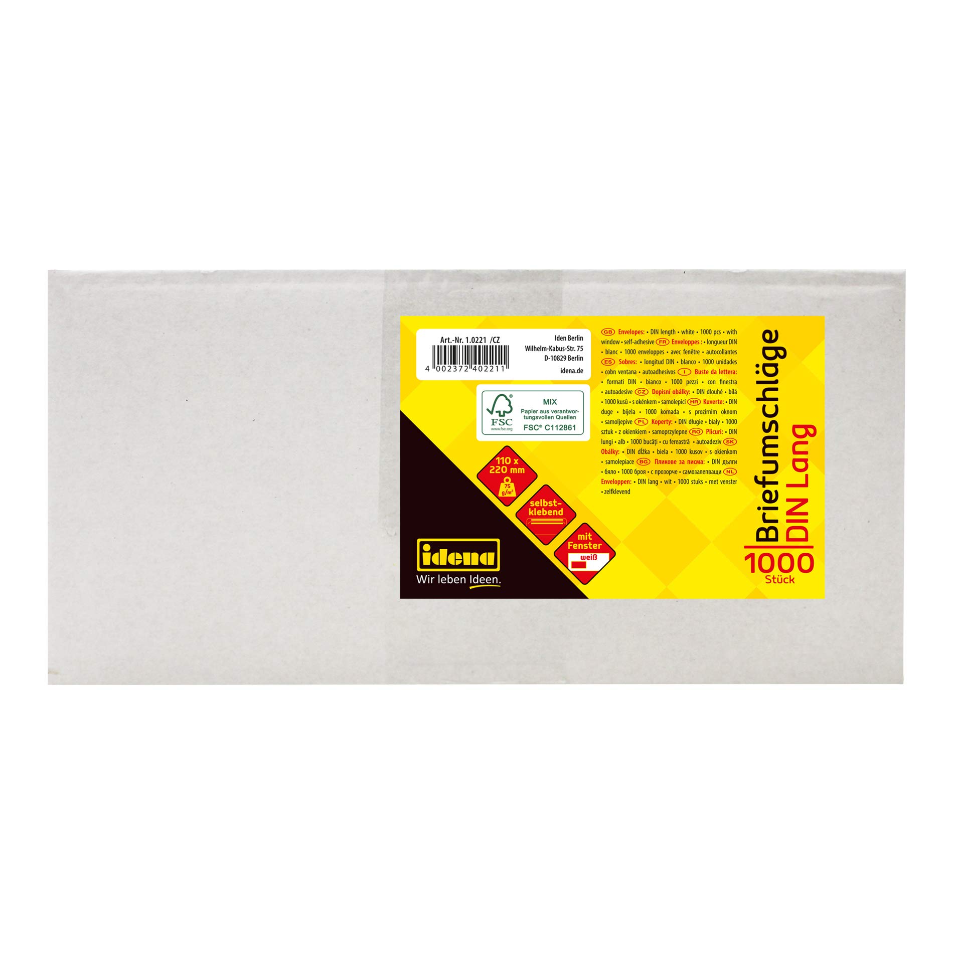 Idena 10221 Koperty Długie, 75 g/m², Samoprzylepne, z Okienkiem, Białe, 1000 Sztuk
