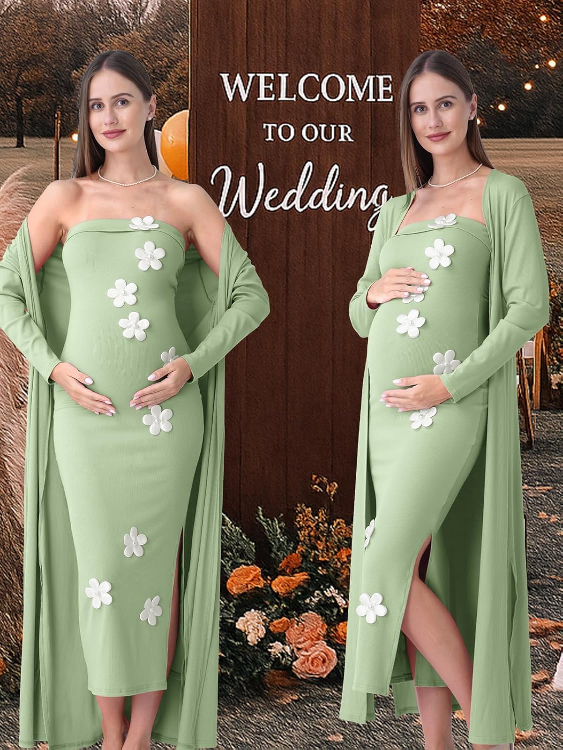 Rnxrbb 2 PCS Floral Baby Shower Maternity Dress Cardigan Photoshoot Long Tube Dresses Gender Reveal for Night Out&Cocktail - Image 4