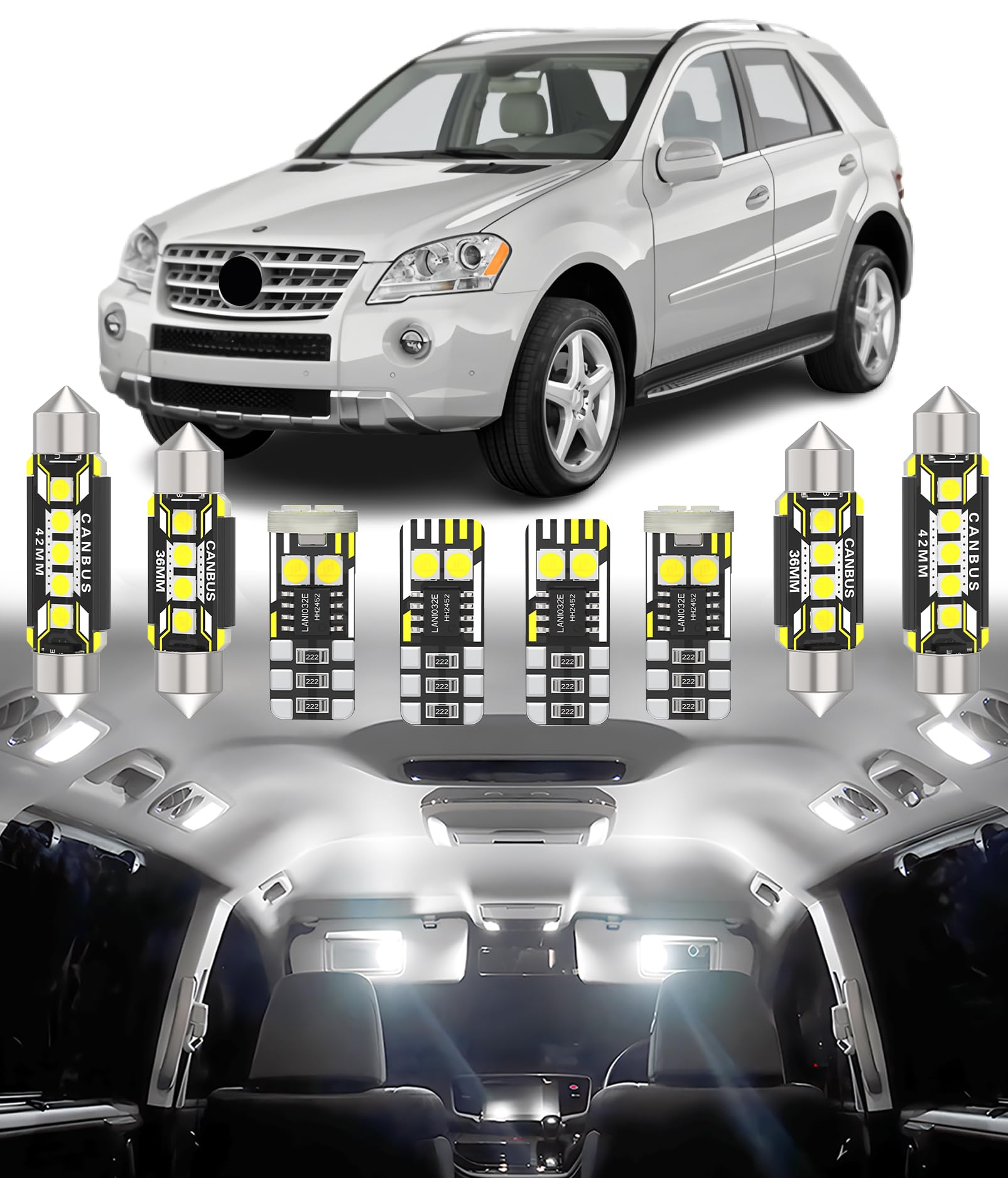 BMT xms 19pz Kit di Luci LED per Interni per Mercedes Benz M-Class ML W164 2005-2011, Lampadine LED per Interni Auto e Camion 6000K Bianco Luminoso