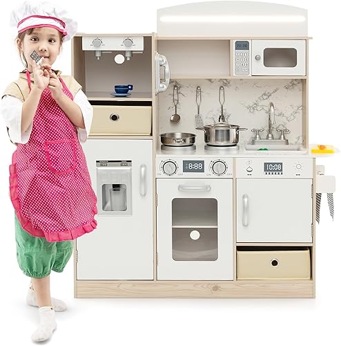 GLACER Cocina de juguete con luces, cocina de juguete de madera con sonido realista, cafetera, teléfono de juego, microondas, horno, accesorios de
