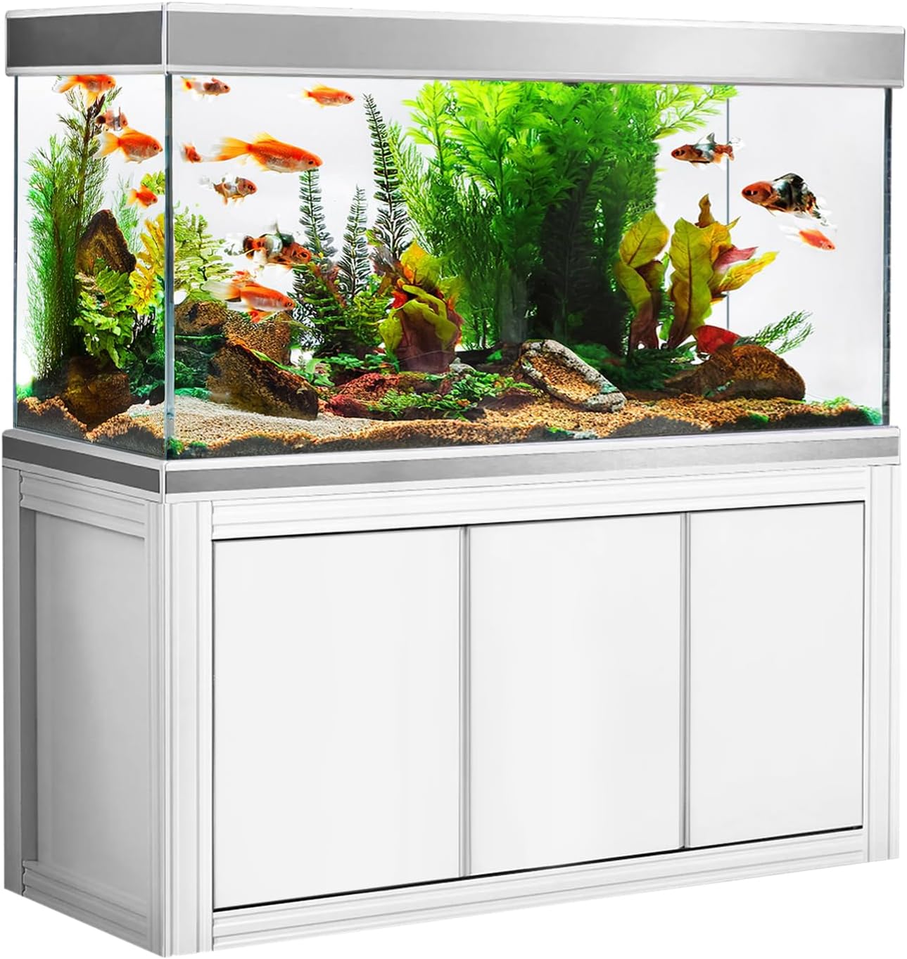 Aqua Dream 145 Gallon Fish Tank Aquarium - Crystal Glass with Metal Frame, LED Lighting, Filtration System, Cabinet & Water Pump - Scratch & Corrosion Resistant, for Home or Office - White/Silver