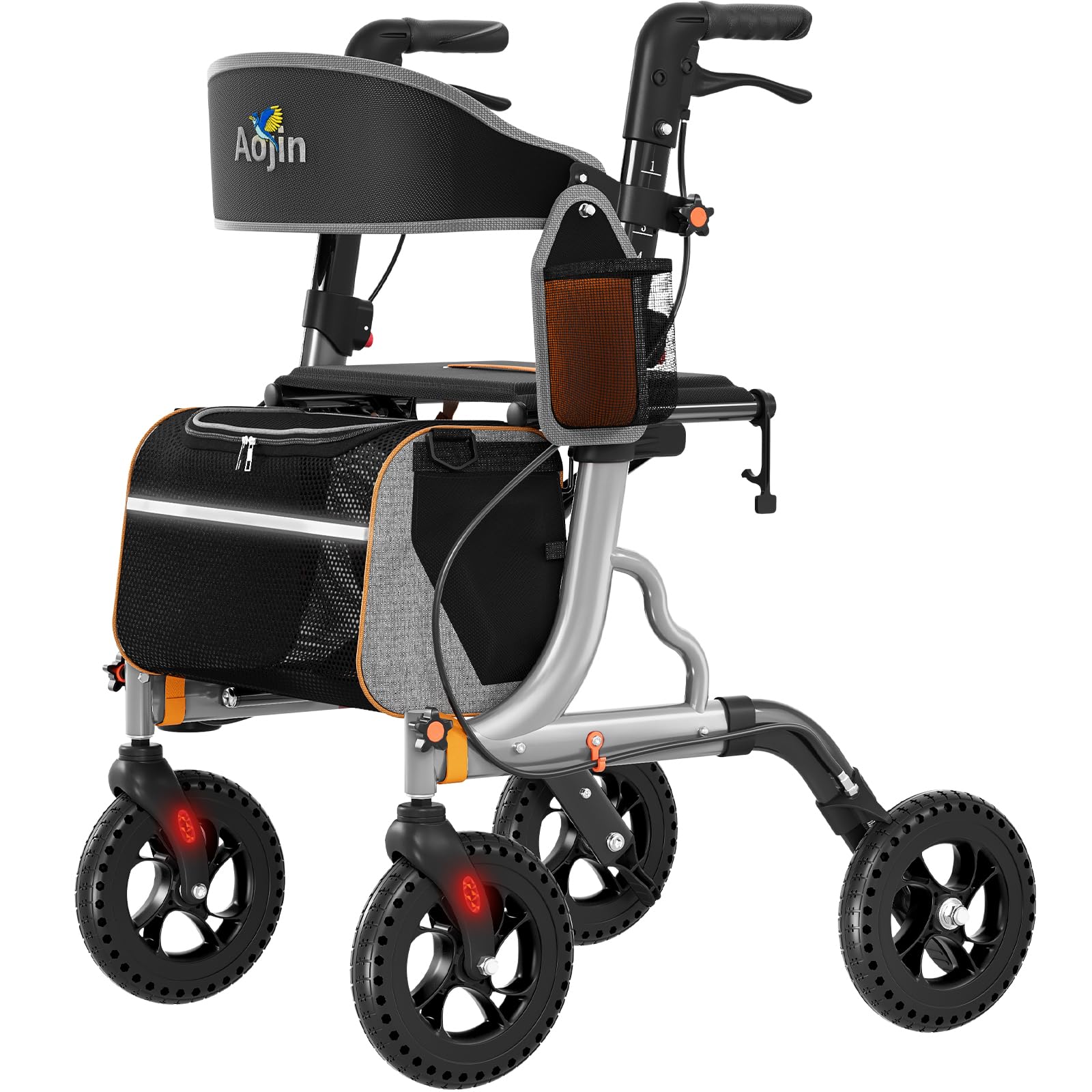 Foldable 8" All-Terrain Rollator Walker - 18" Wide Seat - Adjustable Height
