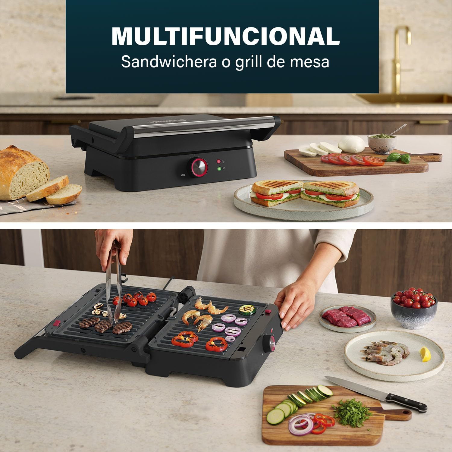 Princess Grill de Contacto, Apertura 180°, Placas Desmontables, Termostato Ajustable, Recogegrasas, Sin PFAS, 1500 W, Superficie 27,5 x 18 cm, Acero Inoxidable, 117502