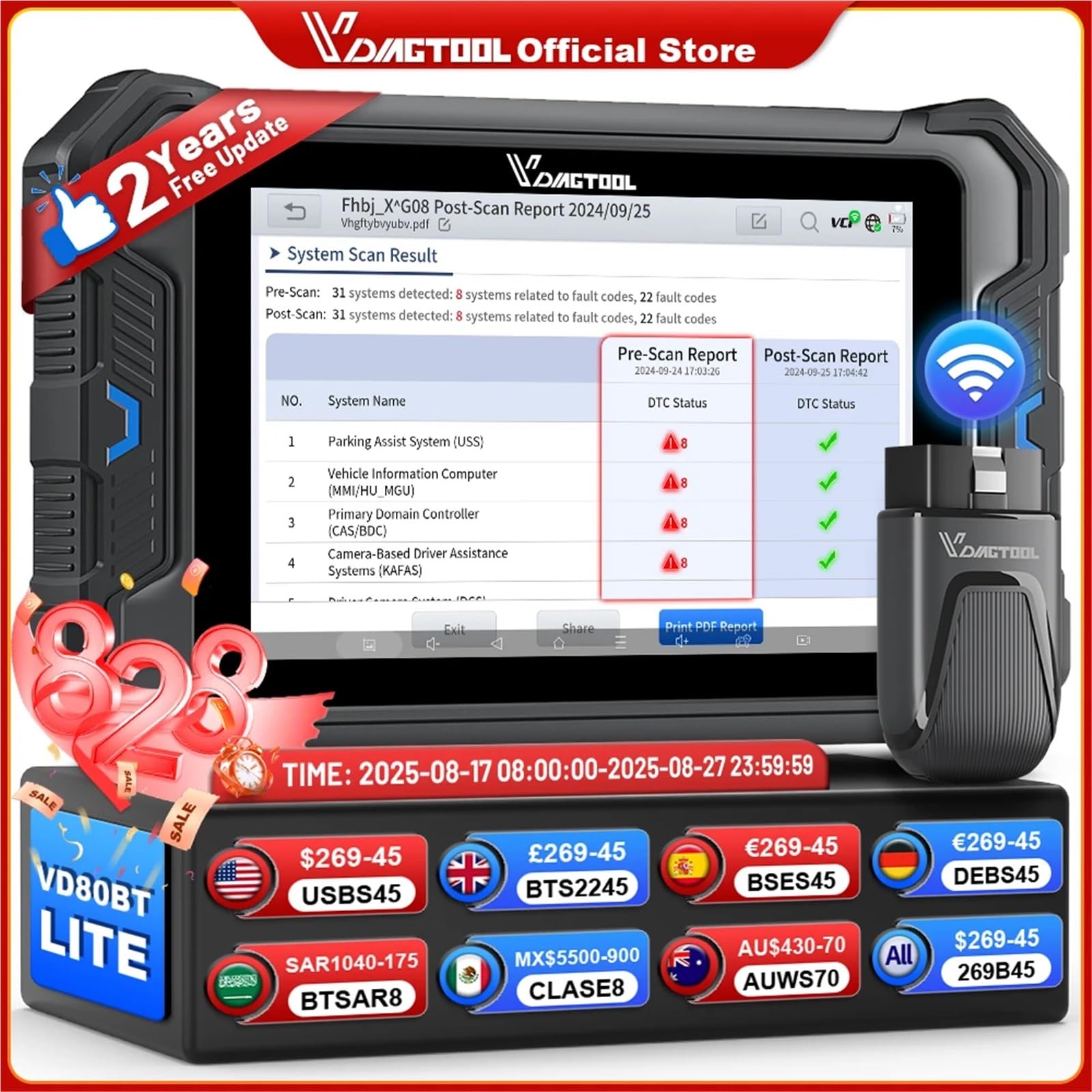 VD80BT LITE Bluetooth Automotive Scanner BT Wireless Car Diagnostic Tools OBD2 with ECU Coding FCA PMI DOIP