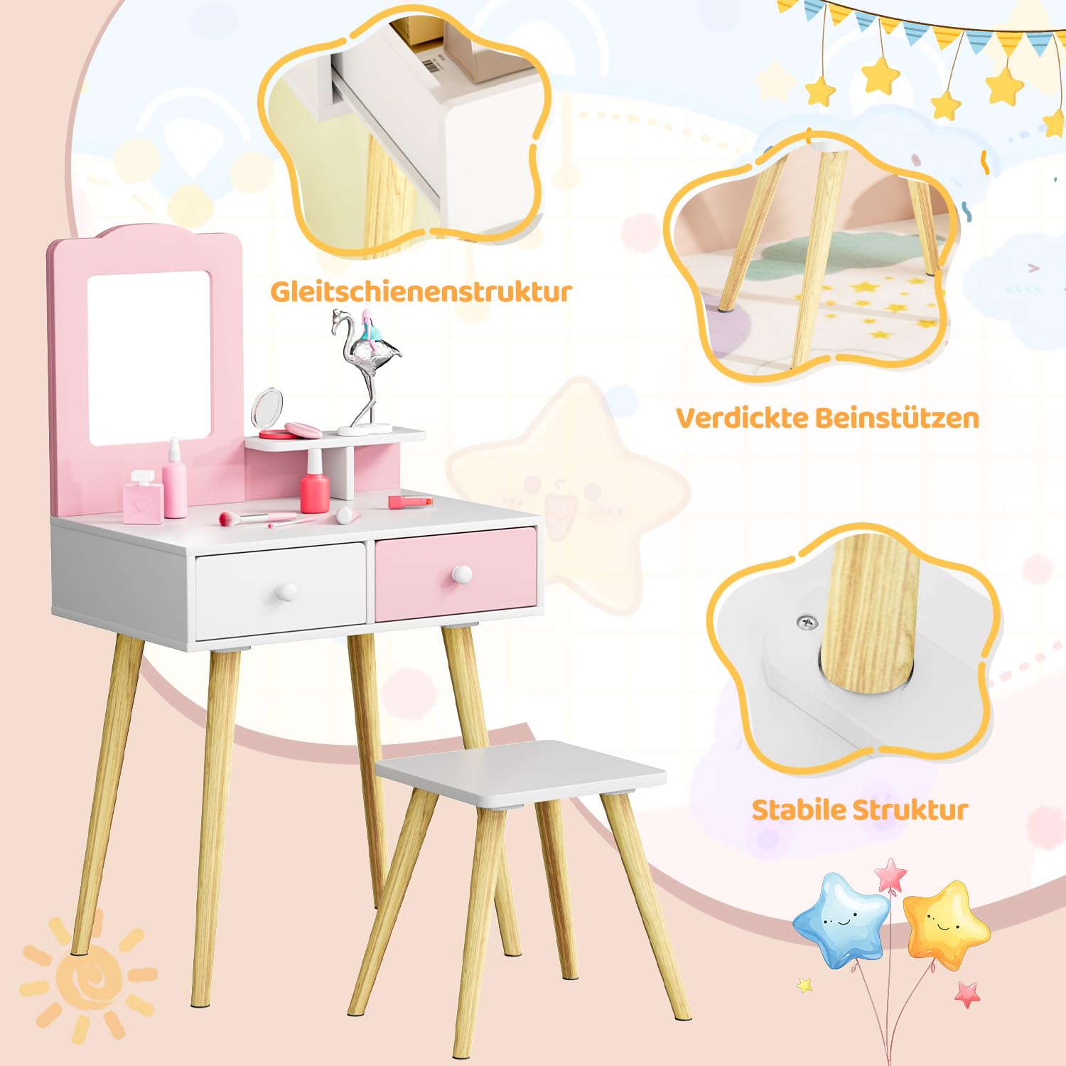 MAMIZO Schminktisch Kinder Set, Kinderschminktisch Holz mit Abnehmbarem Spiegel und 2 Schubladen, Schreibtisch mit Hocker, Prinzessin Frisiertisch ab 3 Jahre, 60x40x108 cm, Rosa