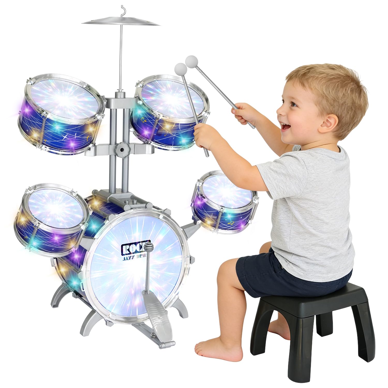 Set di batteria per bambini da 1 a 3 anni, kit di batteria jazz migliorato da 5 pezzi con sgabello, pedale per basso e piatto, strumento musicale a percussione per principianti, giocattolo regalo