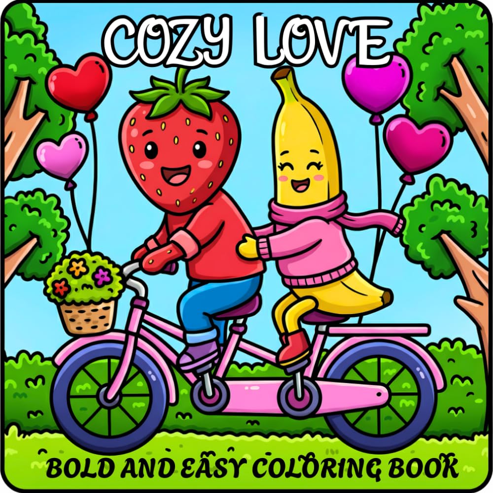 Cozy Love Bold and Easy Coloring Book: For Adults and Teens, Sweetheart, 50 Kawaii Fruits in Love Moments, Cute and Cozy Hygge Spaces For Stress Relief and Relaxation!