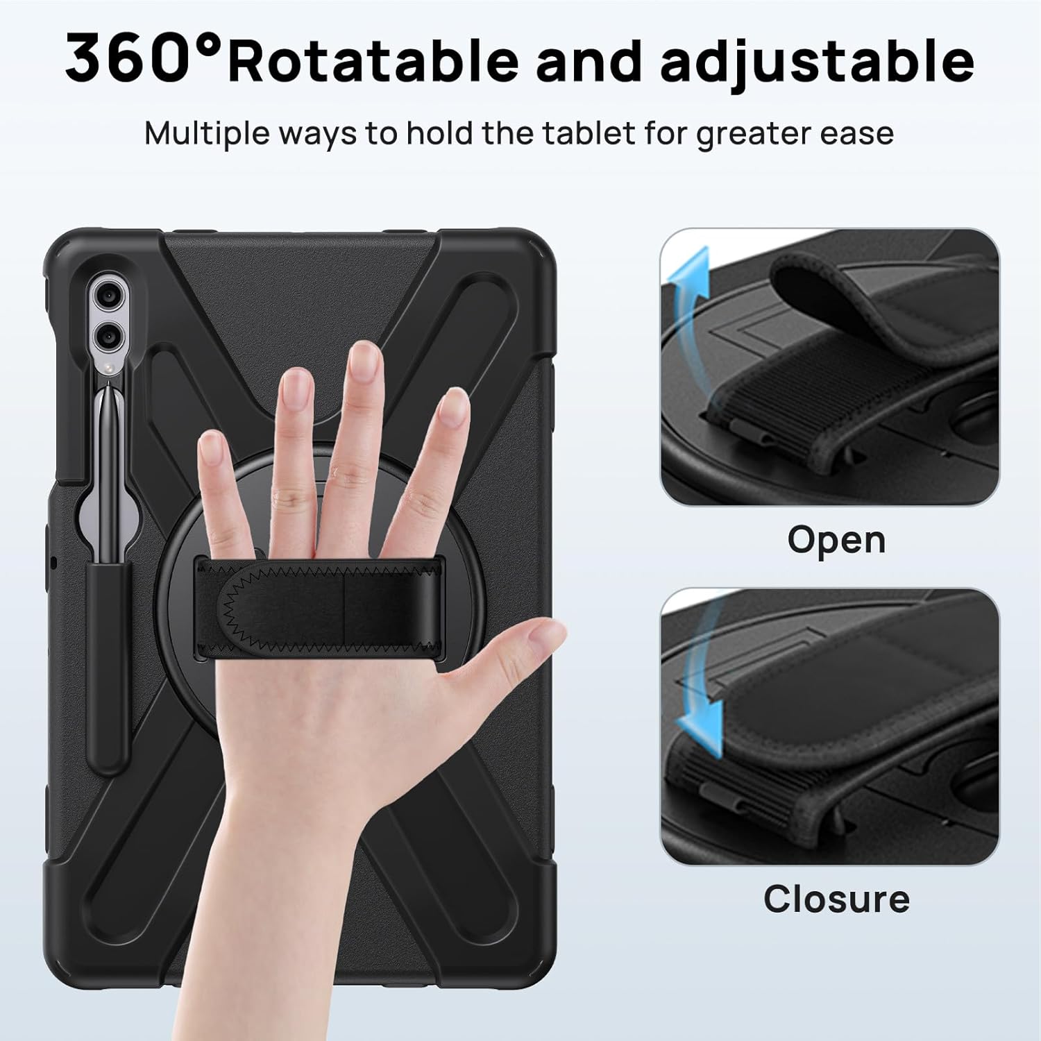 Gerutek Case for Samsung Galaxy Tab S10 Plus/S9 Plus/S9 FE Plus/S8 Plus/S7 Plus/S7 FE 12.4 inch, Full-Body Drop Protective Case with Screen Protector, Pencil Holder, Rotating Hand Stand Strap, Black