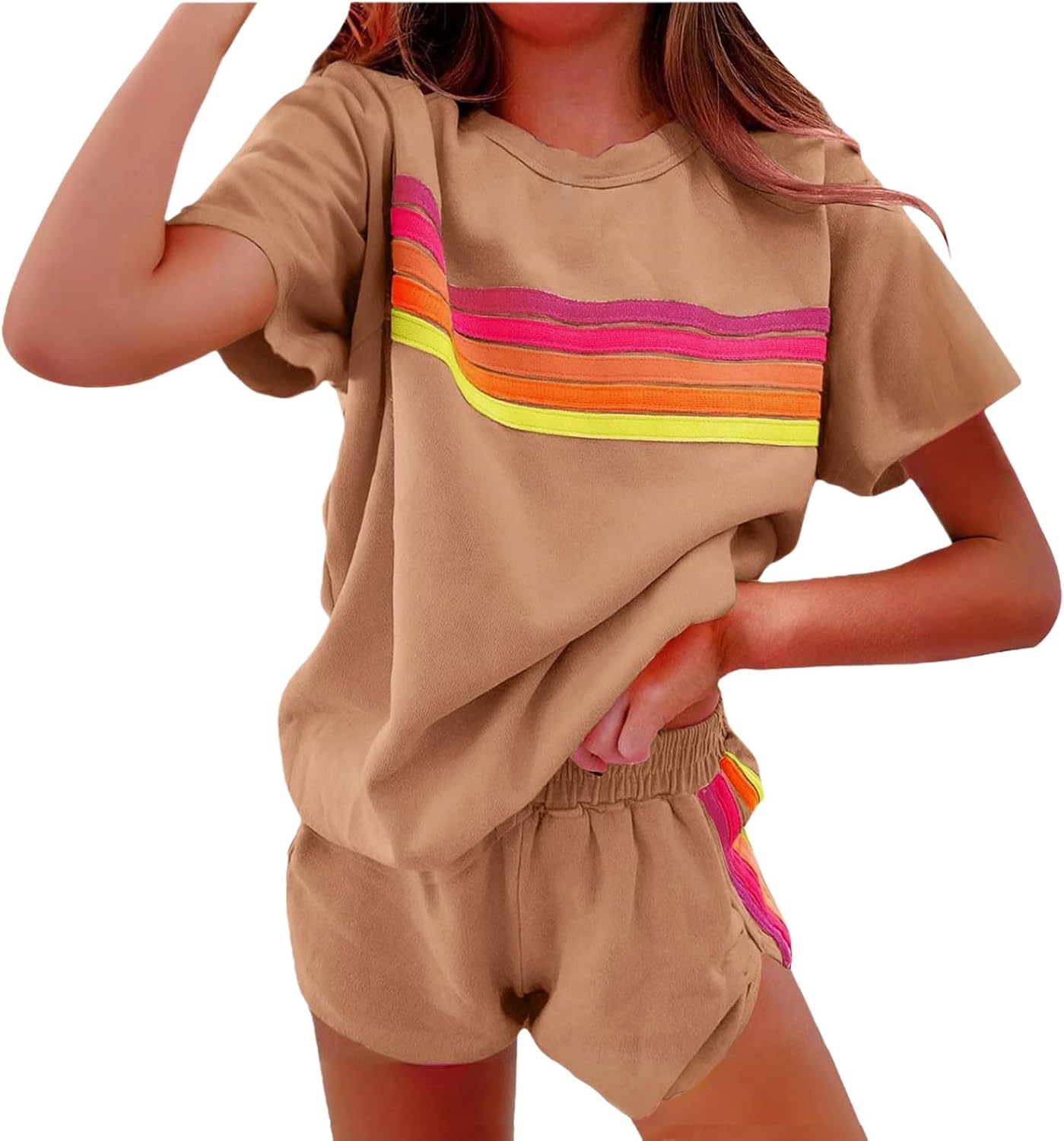 Women 2 Piece Short Sets Outfits Fashion Rainbow Striped Outfits Short Sleeve Crew Neck Tops Shorts Matching Set