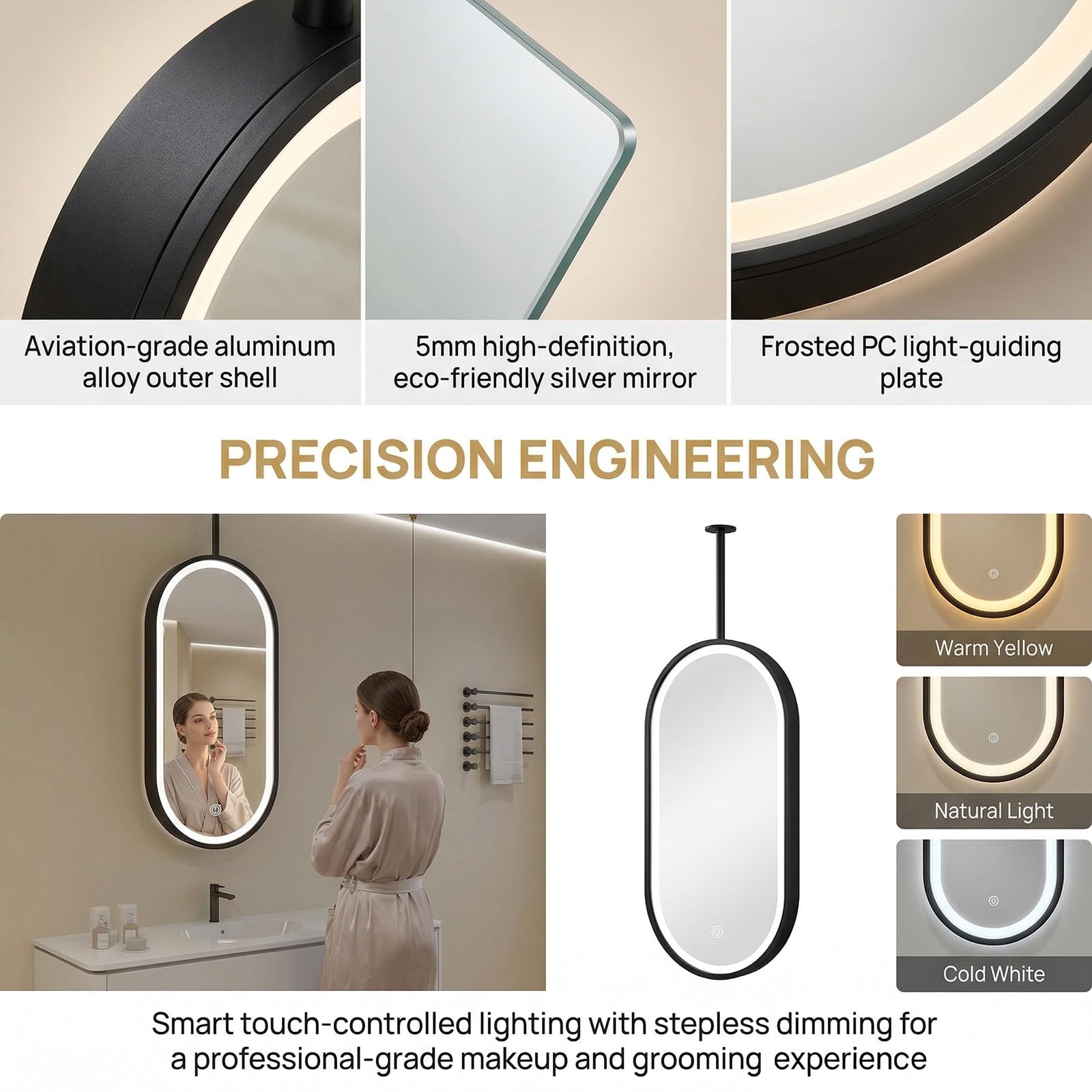 Owalne lustro łazienkowe z podświetleniem LED, regulowana jasność, czarne, metalowe, wiszące lustro Vani, do makijażu, możliwość personalizacji rozmiaru (40 x 60 cm)