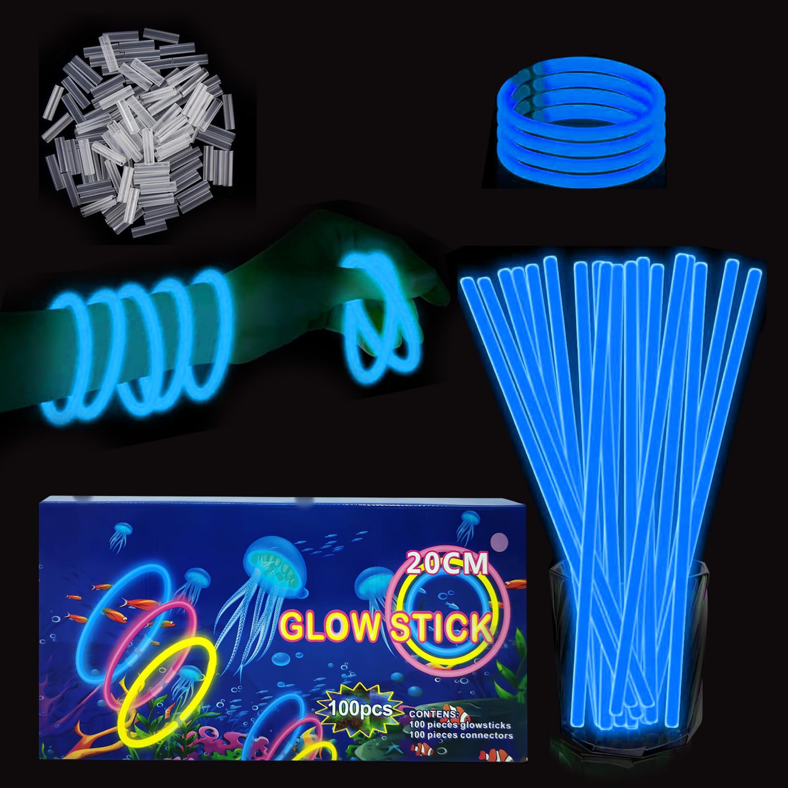 YAAVAAW 100Pcs Blue Glow Sticks Party Packs,Glow in the Dark Party Supplies,Children Glow Stick Necklaces Bracelets,20cm Glowsticks Bulk for Kids Adults Halloween Christmas Easter Party Bag Fillers — image 1