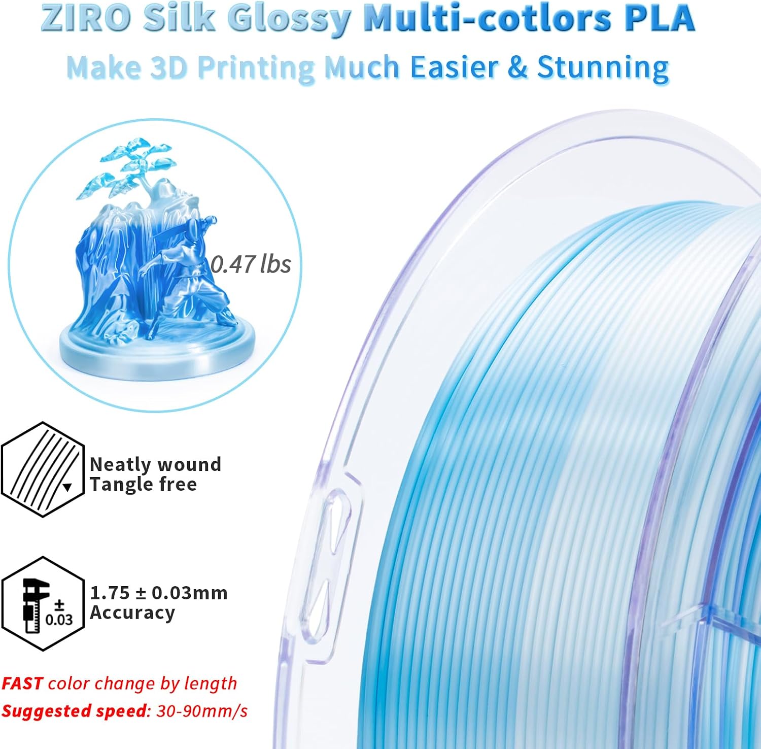 ZIRO 3D Printing Filament, Shiny Fast Color Gradient PlA, Glossy Color Change by Length PLA, Fit Most FDM Printers, Dimensional Accuracy +/-0.03mm, 2.2lbs Spool, Ice Blue (Silk)