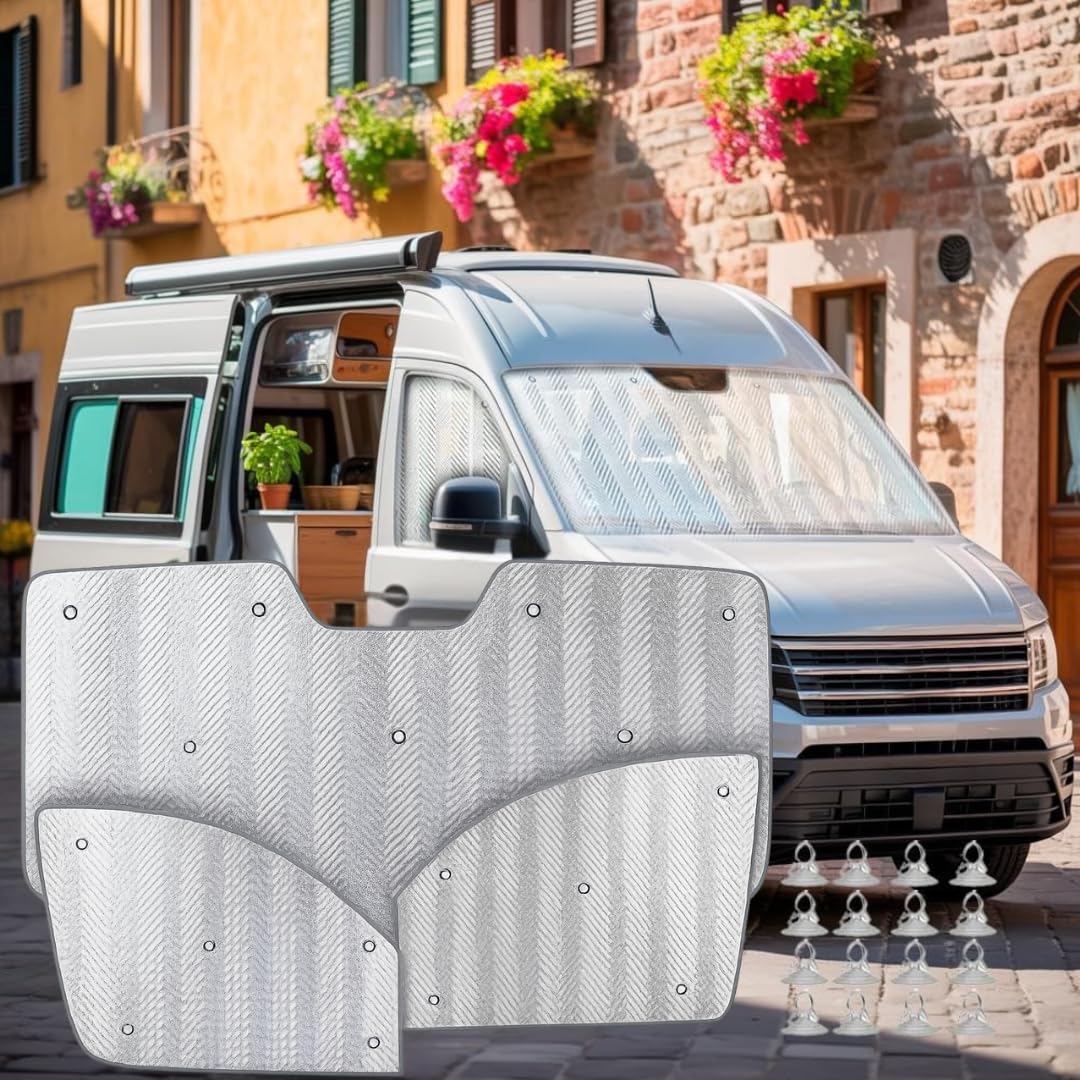 MJS Lot de 3 housses de pare-brise thermiques internes pour Volkswagen VW Crafter - Anti-UV - Avec dos gris - Housse de protection pliable argentée (II depuis 2016)