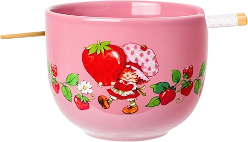 Silver Buffalo Strawberry Shortcake - Tazón de cerámica vintage para ramen con palillos, apto para microondas, 20 onzas