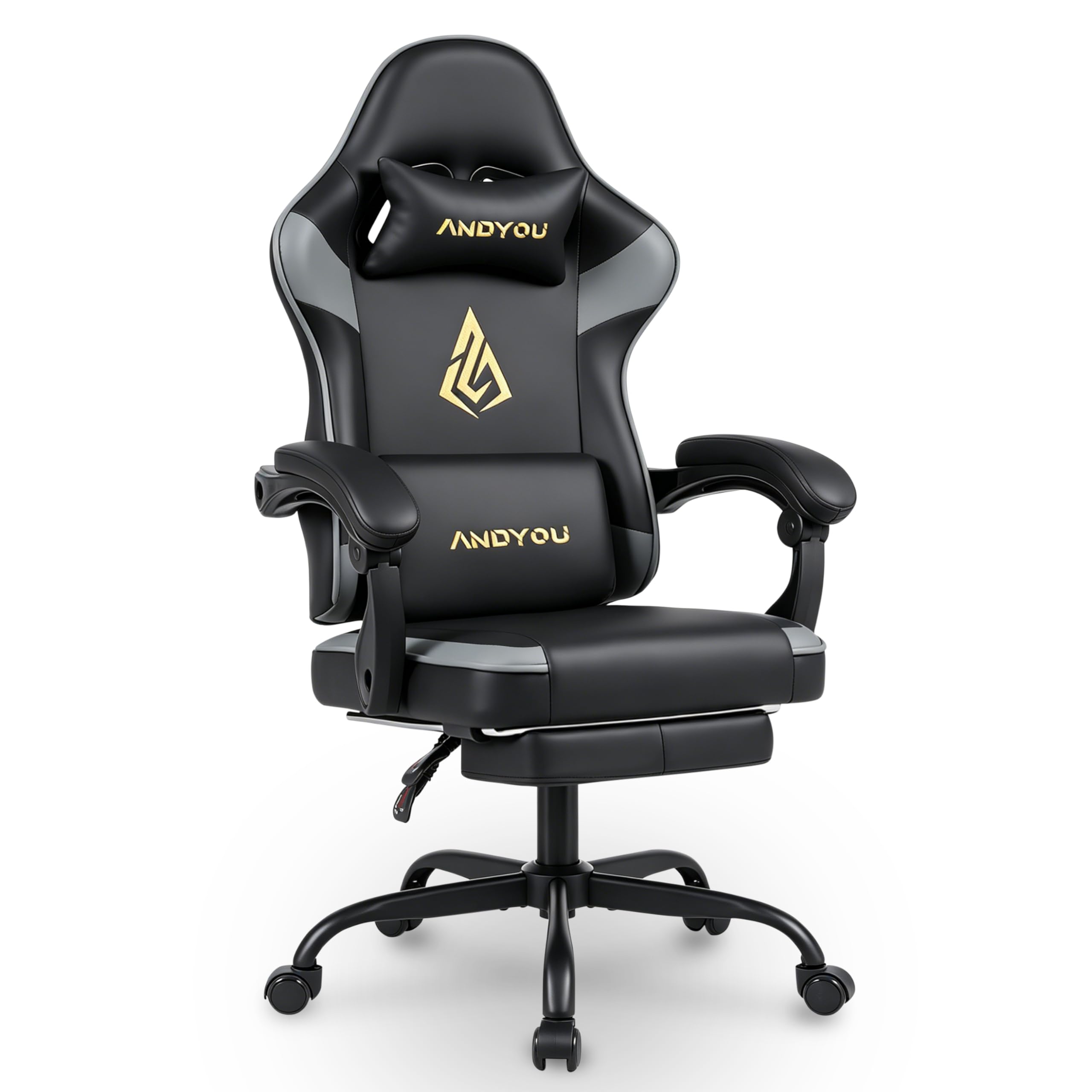 Andyou Silla Gaming Ergonomica con Reposapiés–Regulable en Altura, Cuero PU, Reposacabezas y Soporte Lumbar, Respaldo Reclinable 90-135°, 130 kg, Negro