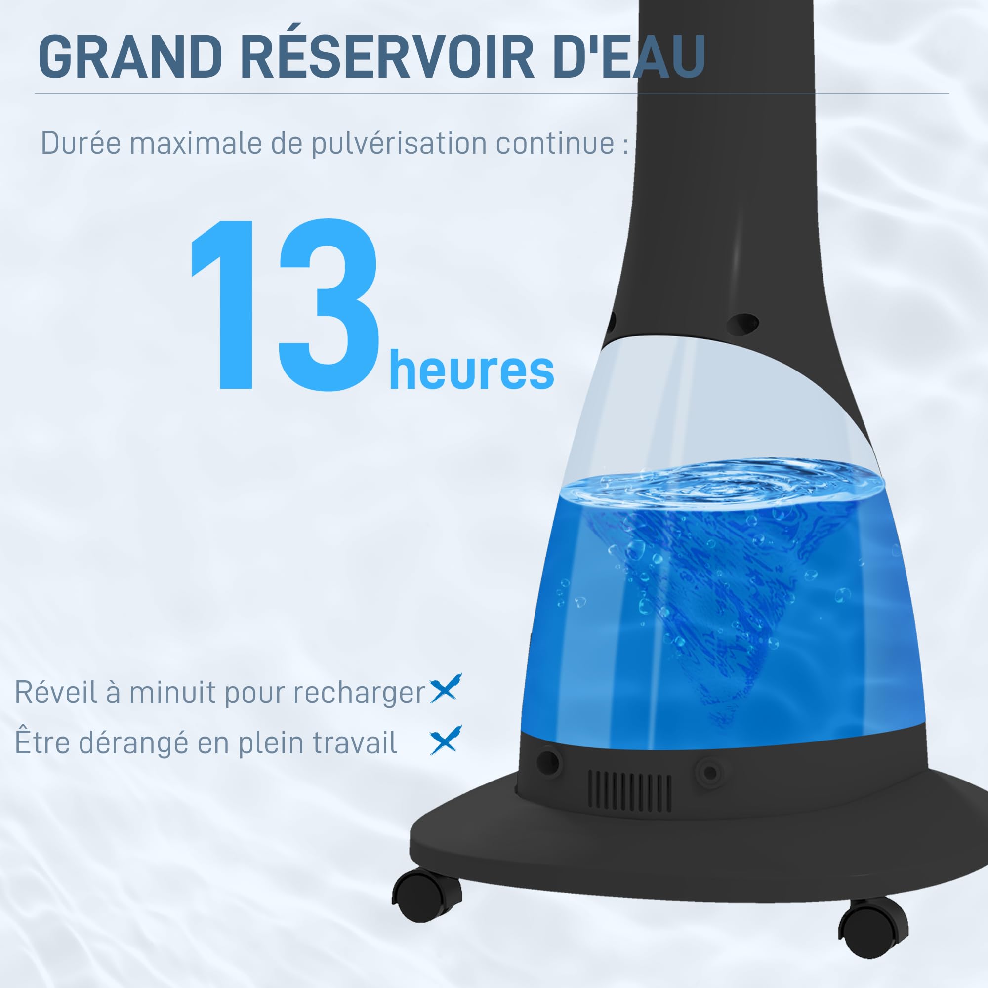 HOMCOM Ventilateur brumisateur sur roulettes ventilateur sur pied 90 W télécommande affichage LED télécommande minuterie 3 modes 3 vitesses oscillant, inclinable réservoir 3L - noir